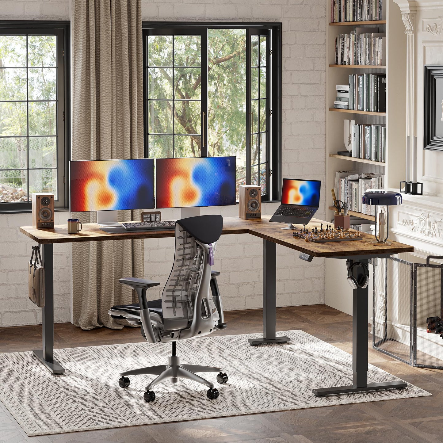 TIQLAB 75 x 61 inch L Shaped Standing Desk Adjustable Height, Electric Corner Standing Desk, Sit Stand Computer Table with Splice Board, Rustic Brown