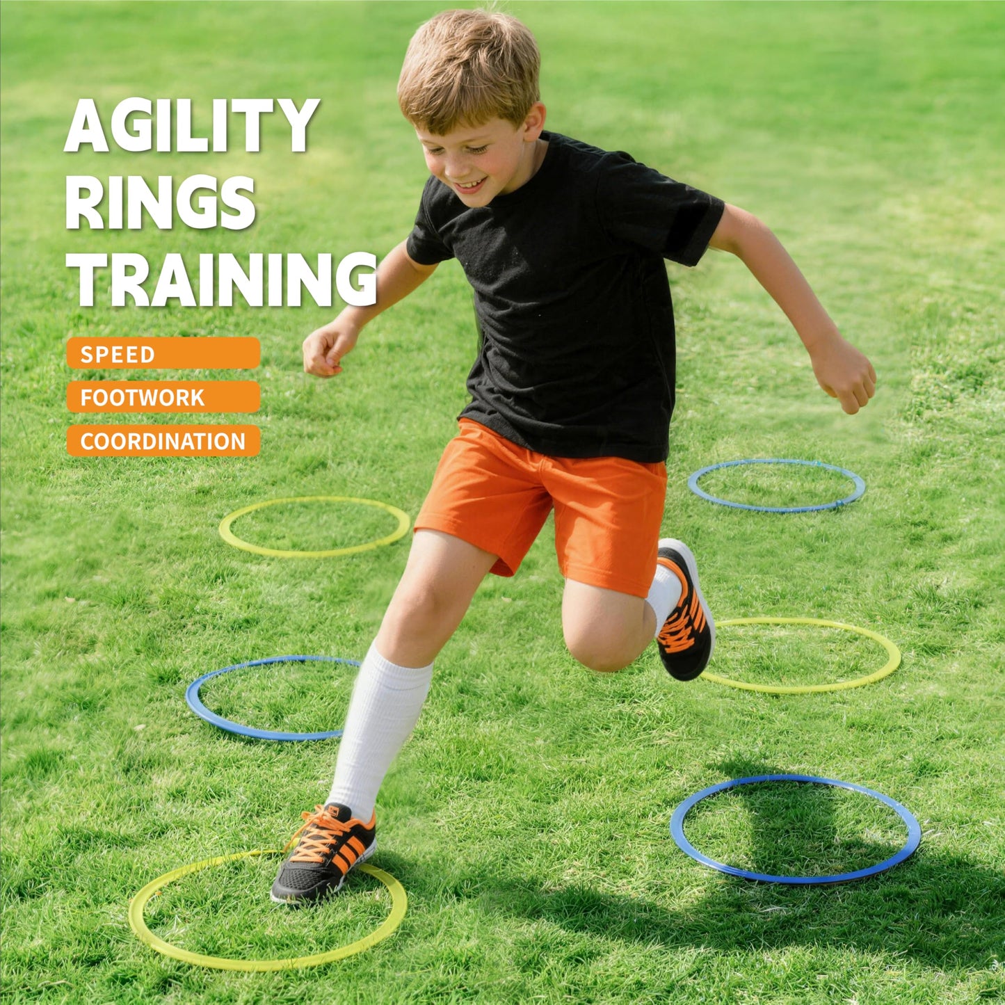 Oranmew Hopscotch Rings, 1-Set – 10 Round Hoops (11-inch) + 15 Connectors, Agility Rings for Kids, Builds Gross Motor Skills, Preschool & Kindergarten PE, Indoor/Outdoor Playground Obstacle Course