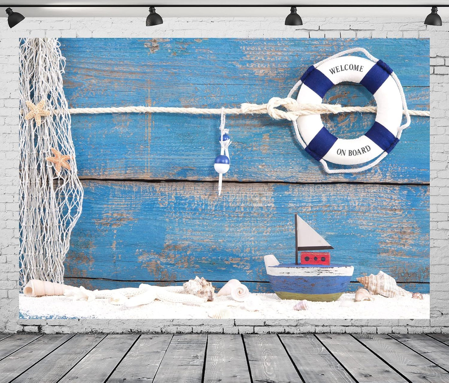 BELECO 5x3ft Fabric Nautical Backdrop Life Buoy and Toy Boat Shells on Blue Wooden Background Phtography Backdrop