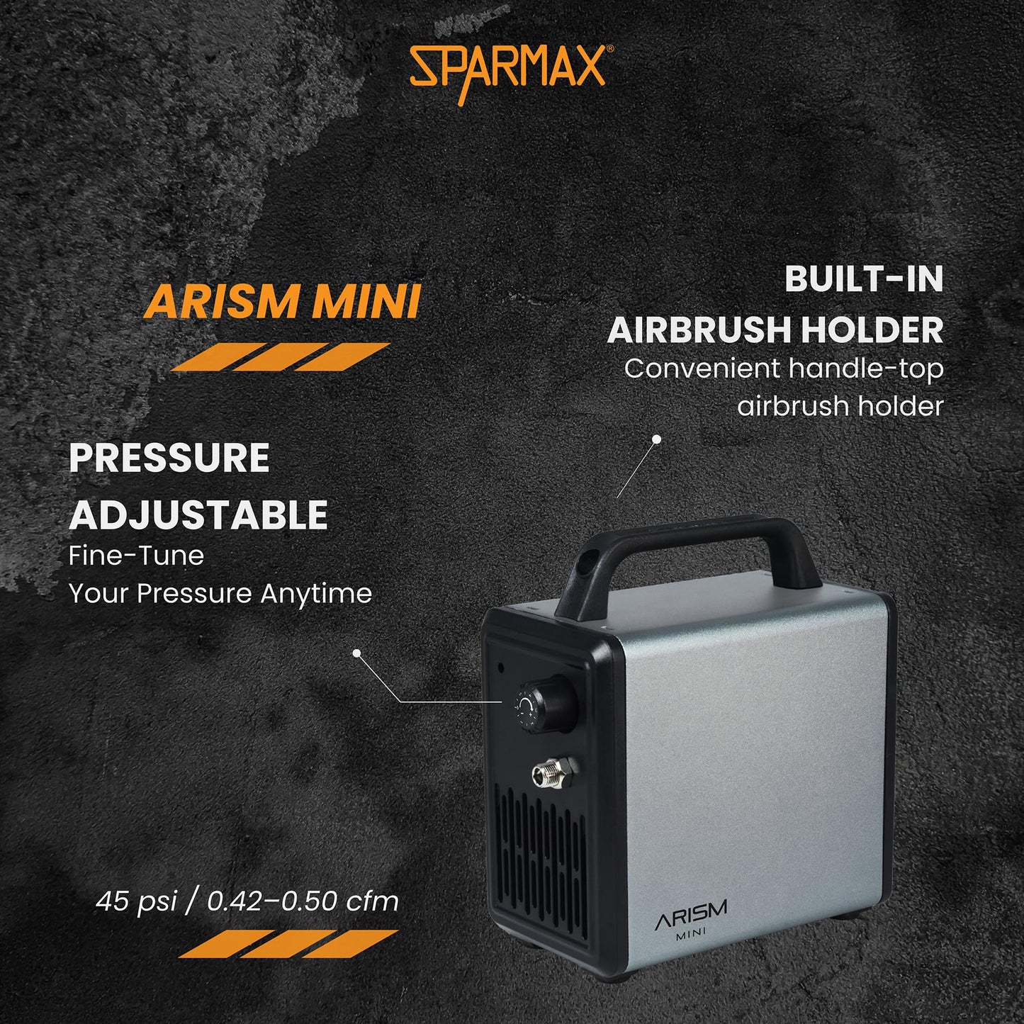 SPARMAX ARISM Mini Airbrush Compressor – Compact, Quiet, Oil-Free Air Compressor with Adjustable Pressure, Built-in Holder, Braided Hose – Portable for Art, Makeup, Nail Design & More
