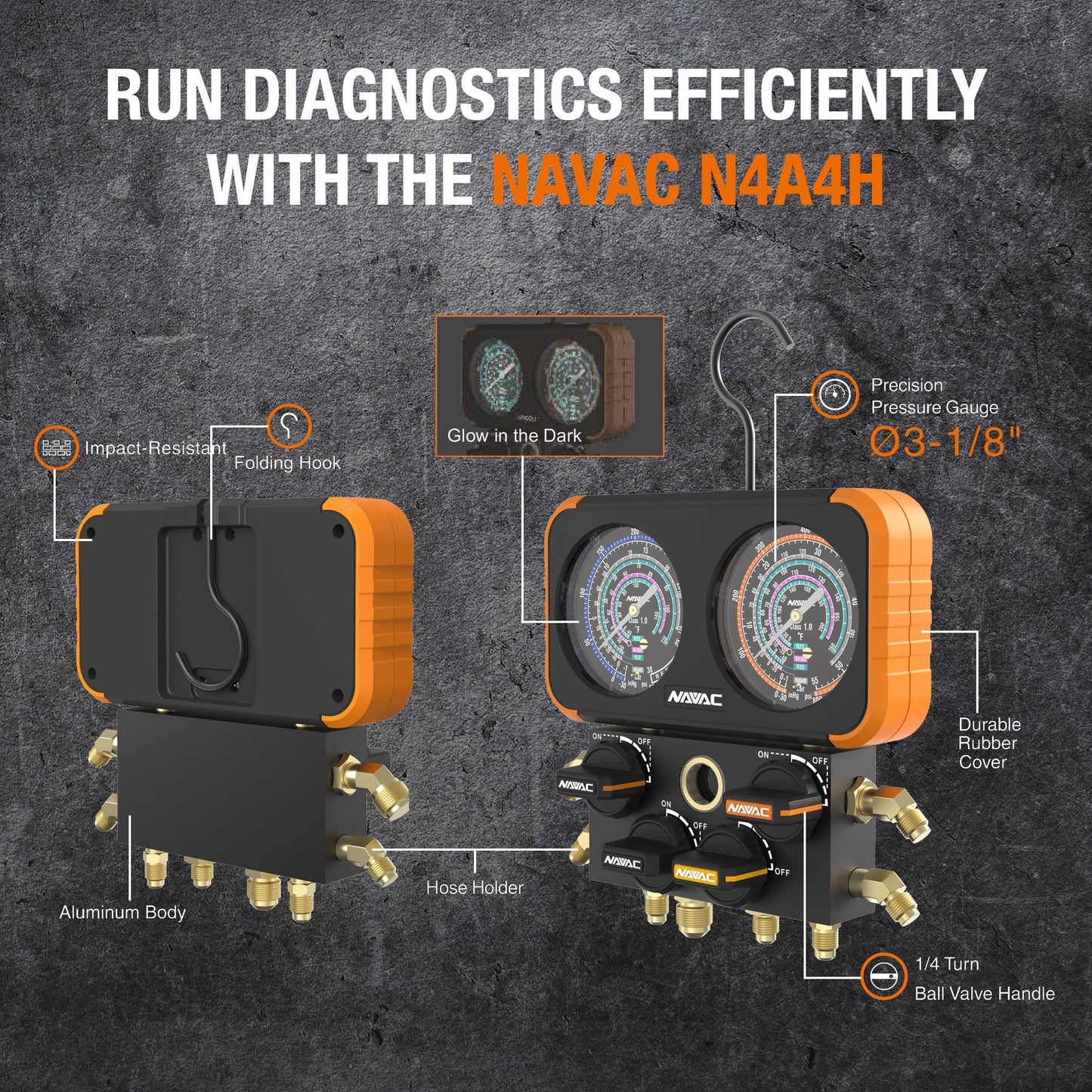 NAVAC N4A4H Manifold Gauge | Class 1.0 Accuracy | Impact-Resistant HVAC Gauge | Aluminum Body and Rubber Cover | Easy-to-Read Analog Display | 4 Valves | with Hoses | 1 Year Warranty
