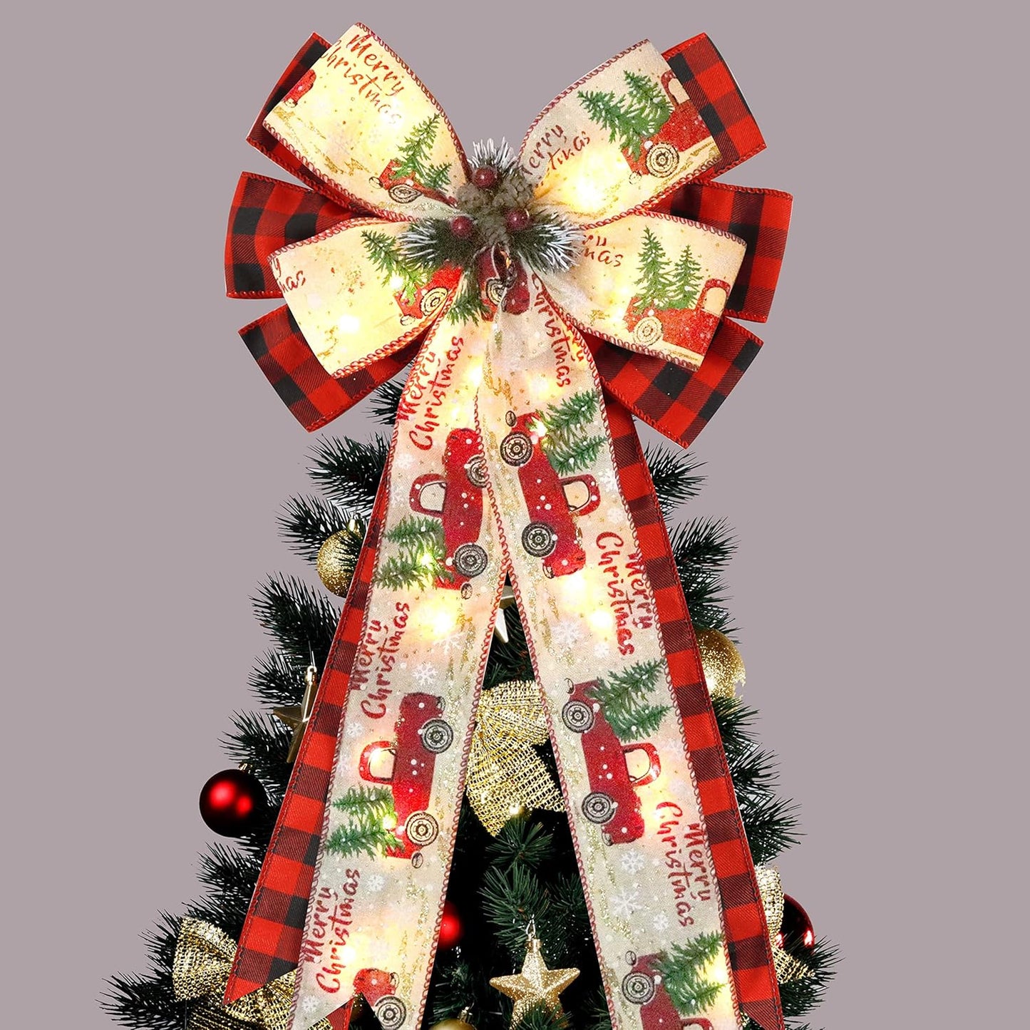 Regine Switzerland Christmas Tree Topper Bow - 30 LED Lights, Large 13”x25” Red Black Buffalo Plaid Design