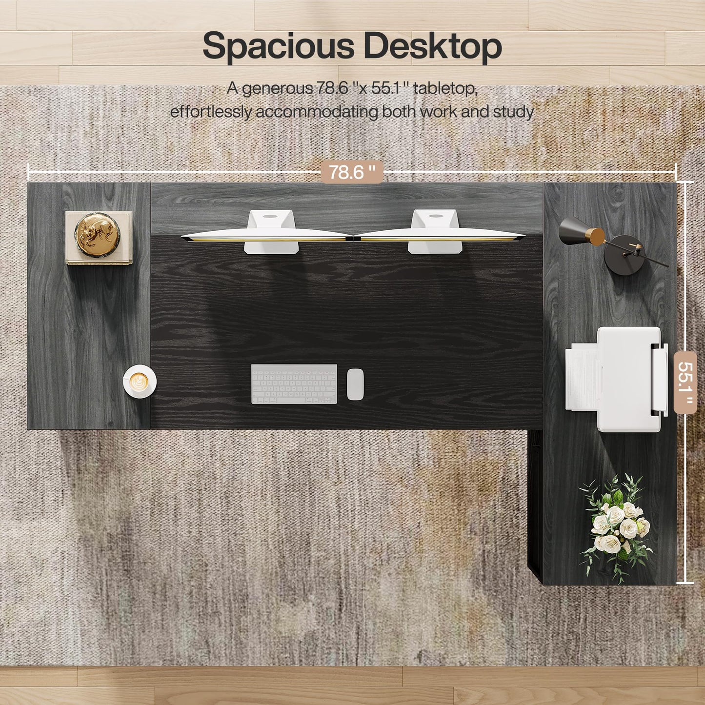 Tribesigns 78" L Shaped Executive Desk with Drawers, Large Office Computer Desk with Cabinet and Storage Shelves, Modern Business Furniture Sets Workstation for Home Office (Gray&Black)