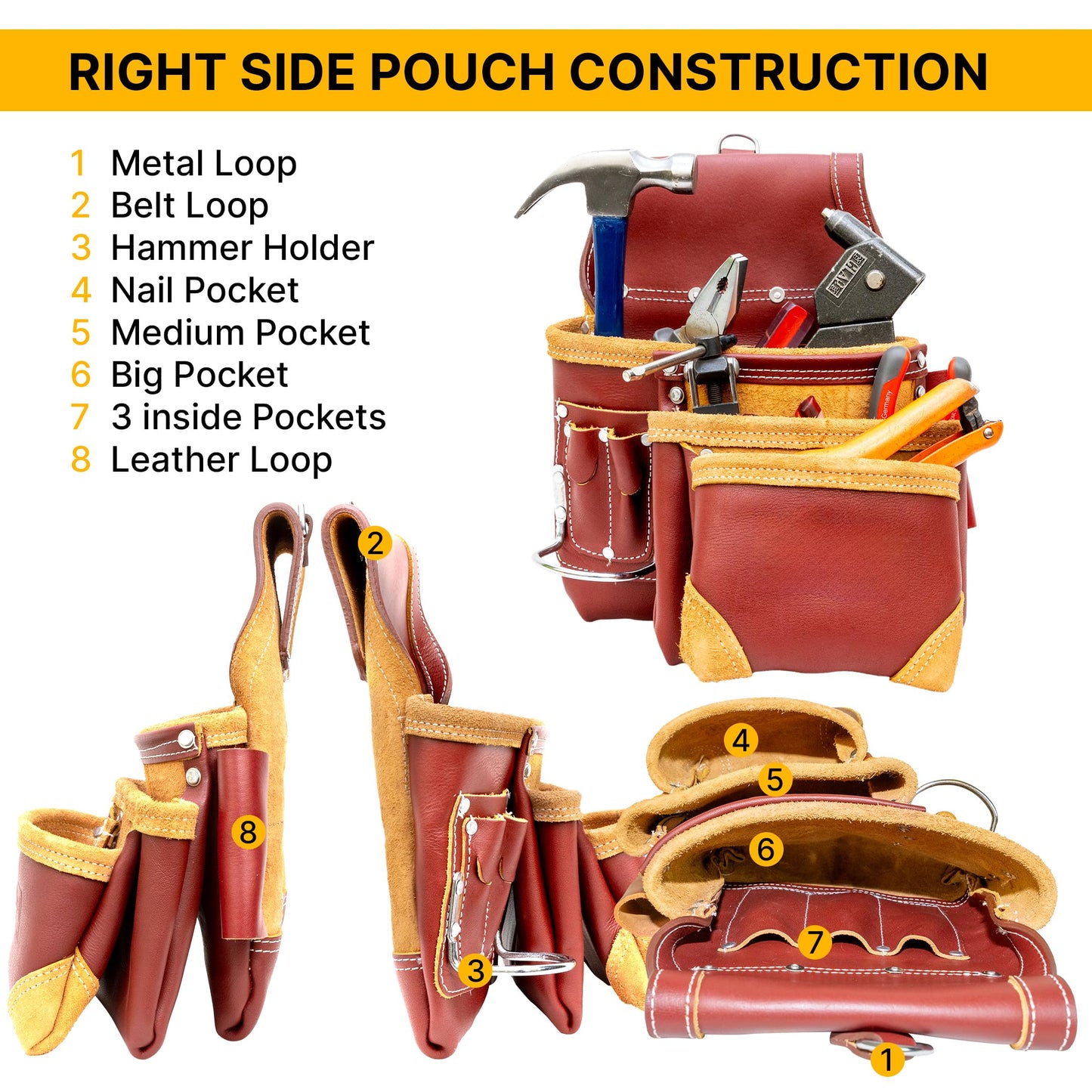 Grain Leather 18 Pockets, Leather Tool Belts for Men, Tool Pouch Rig Set, Tool Bags For Carpenters And Electricians, Construction Belt, Rig Set - Maroon