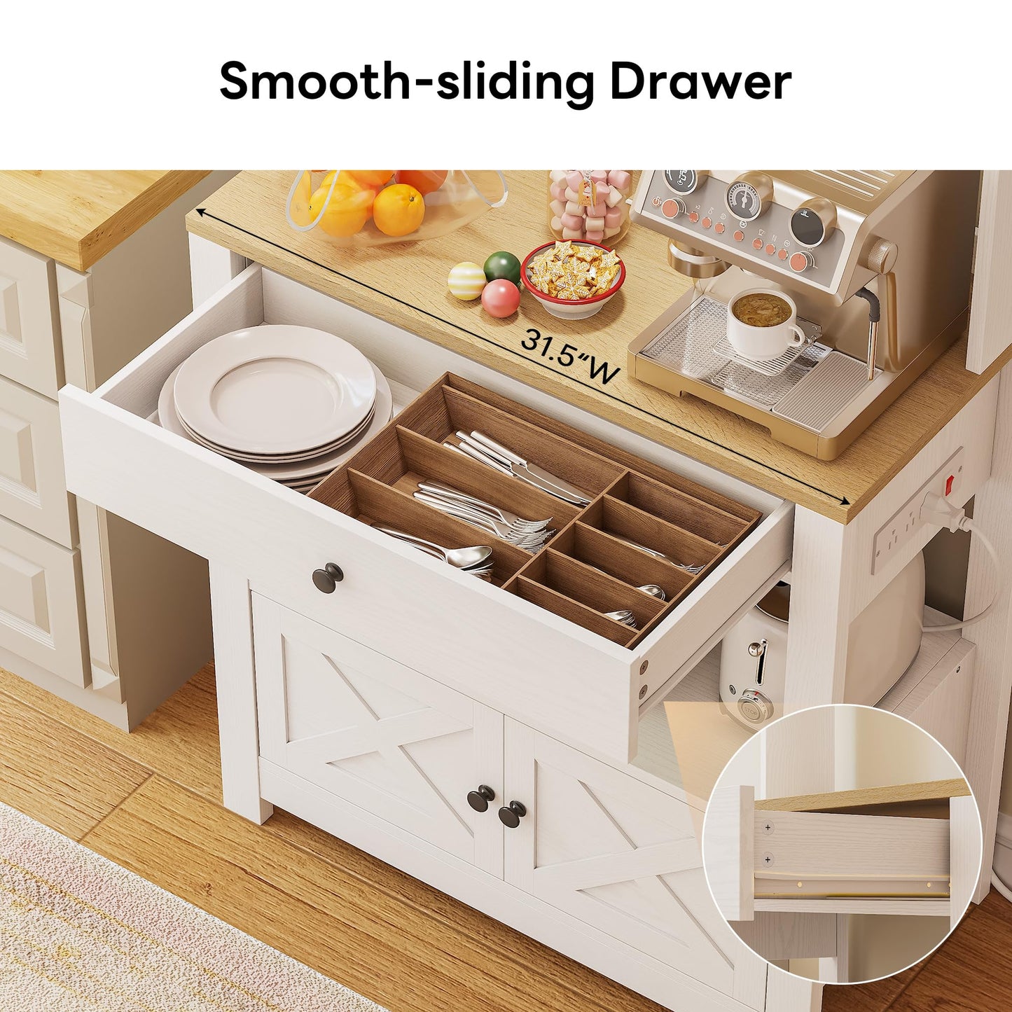LIKIMIO Baker Rack with Spill-Safe Power Outlet & Drawer, Coffee Bar Cabinet with Storage, Farmhouse Microwave Stand with Hutch and 5 Hooks for Kitchen, White