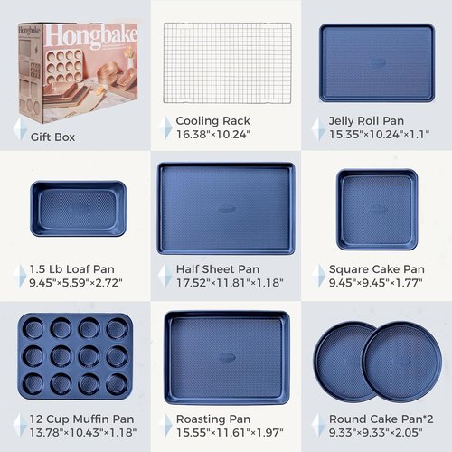 HONGBAKE 9-Piece Nonstick Baking Pans Set - Stackable, Non-Toxic Bakeware with Diamond Texture | Blue