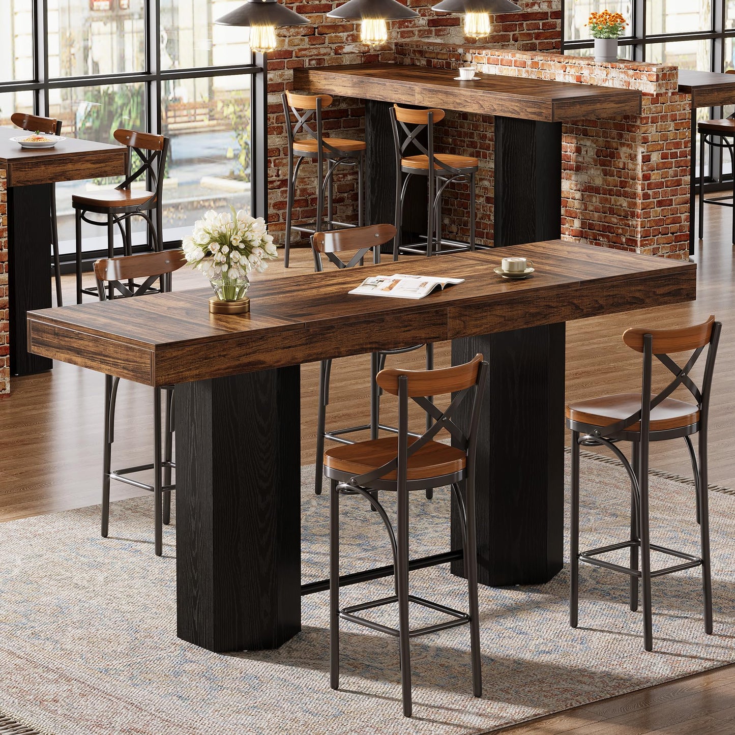 Tribesigns 70.9" Extra Long Bar Table, Industrial Counter Height Table, Rectangular Bar Height Tables with Metal Footrest for Kitchen Dining Room, Living Room, Pub (Rustic Brown & Black)