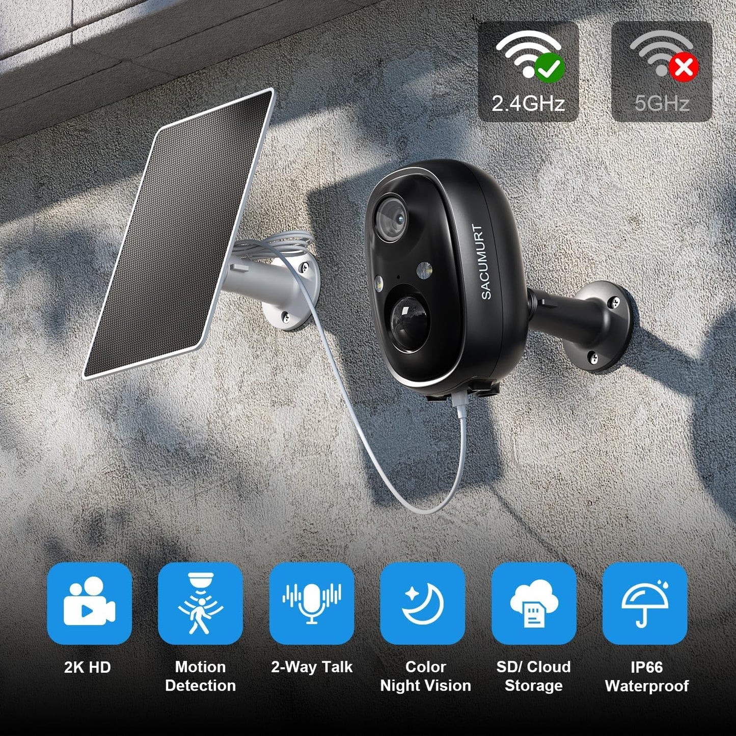 SACUMURT 2.4GHz 2K Security Cameras Wireless Outdoor, WiFi Camera Outdoor Wireless, Cameras for Home Security