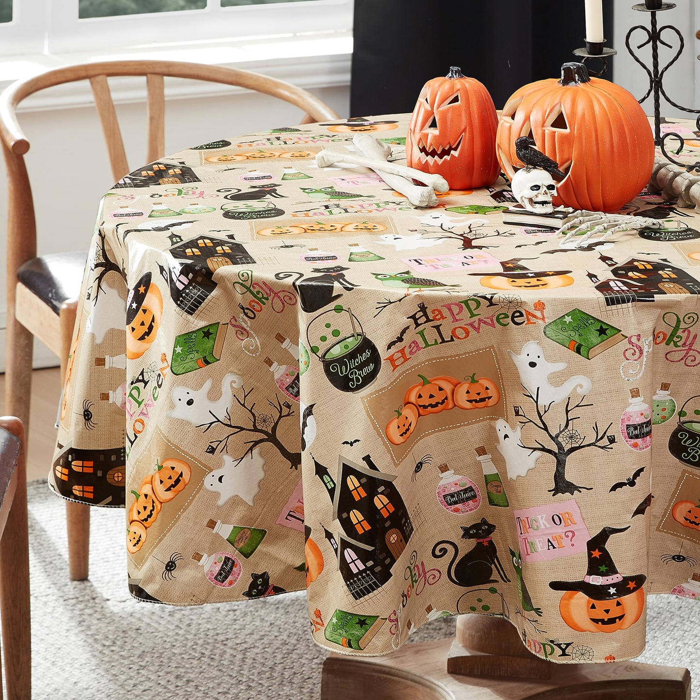Newbridge Happy Halloween Witches Brew 60 x 84 Inch Oval Vinyl Tablecloth with Flannel Backing, Cute Ghost, Cat and Pumpkin Design, Easy Care Wipe Clean Halloween Table Cover