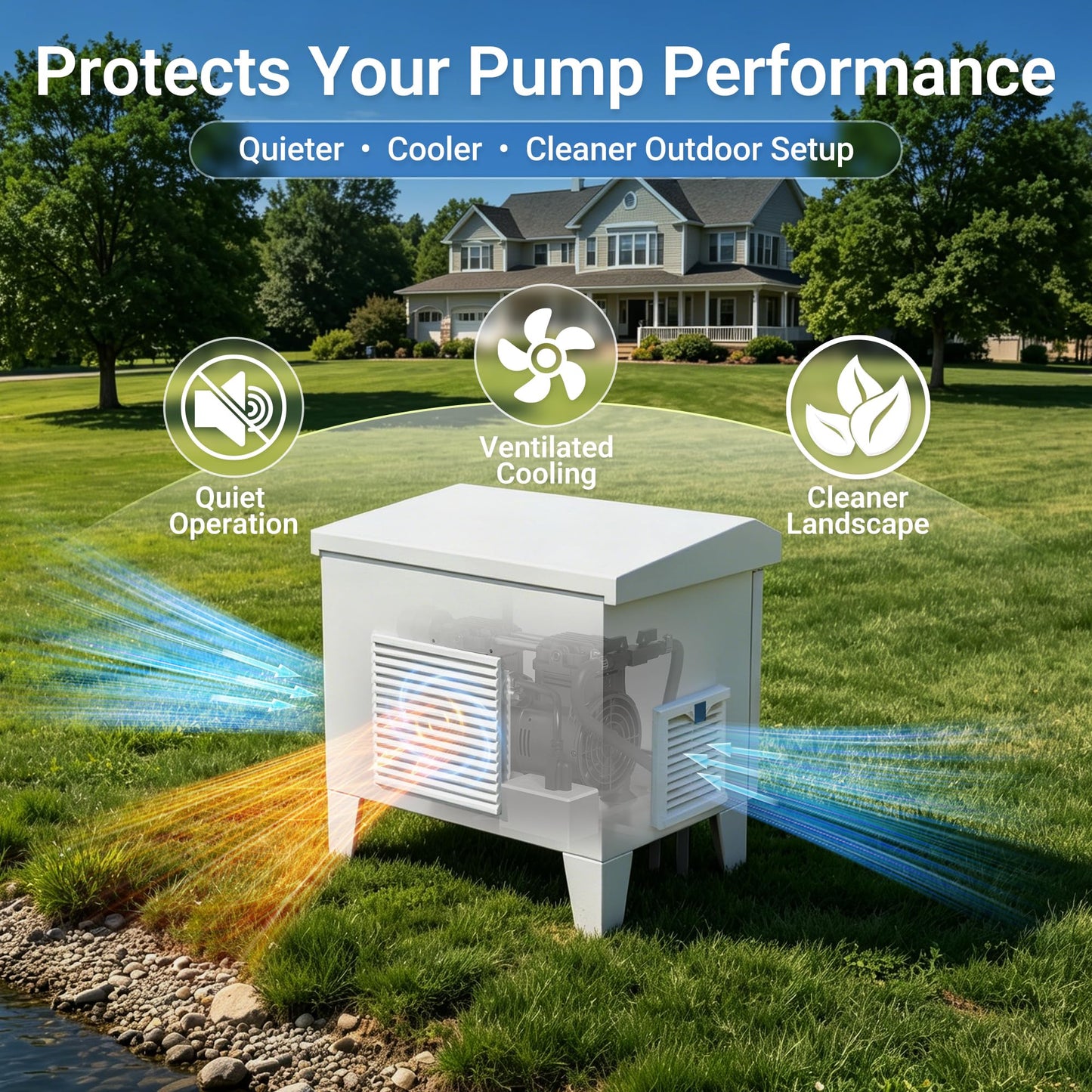 HQUA Pond Aerator Pump Cover Cabinet, Weatherproof Outdoor Protection System with Cooling Fan, Pre-Wired Outlet & 10 ft Power Cord, Galvanized Steel Enclosure 19”W × 14”D × 18.5”H