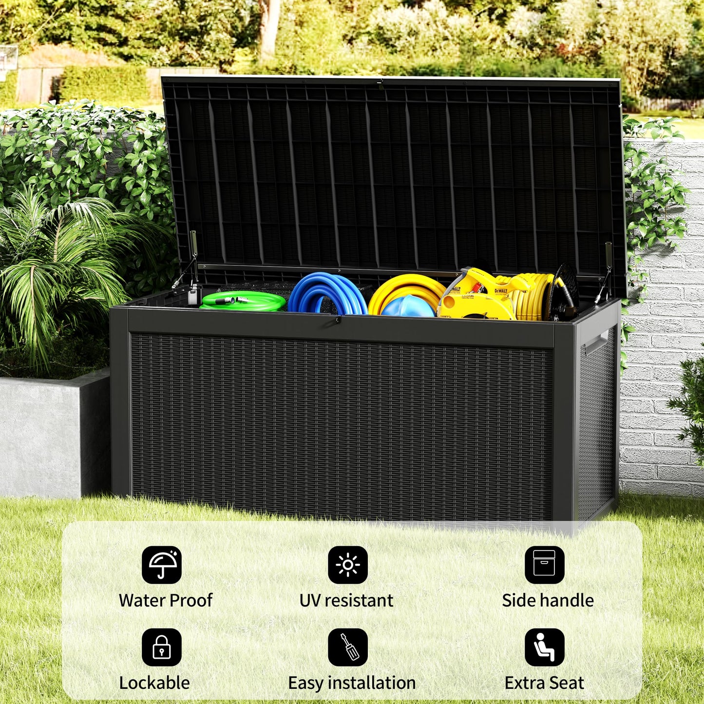 Decksplore 320 Gallon Resin Deck Box, Waterproof Outdoor Storage Bin for Patio Furniture, Pool Accessories, and Garden Tools, Lockable & UV-Resistant, Black