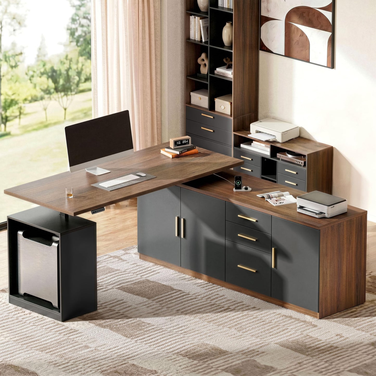 ModernMate L Shaped Electric Standing Desk with Drawers & File Cabinet, 67x60 Corner Executive Workstation, 59" One-Piece Desktop, Height Adjustable with Charging Station for Home Office, Black Walnut