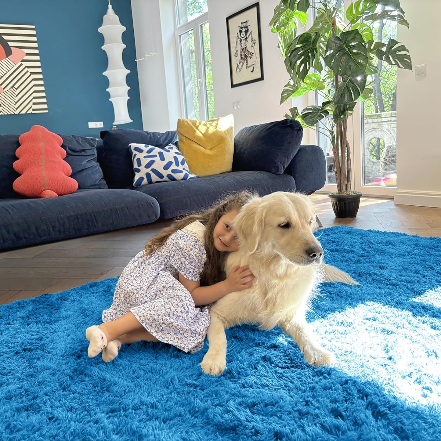 OLANLY Runner Rugs - Soft, Machine Washable Shaggy Carpet for Hallway & Bedroom | Bright Blue, 2x6 ft