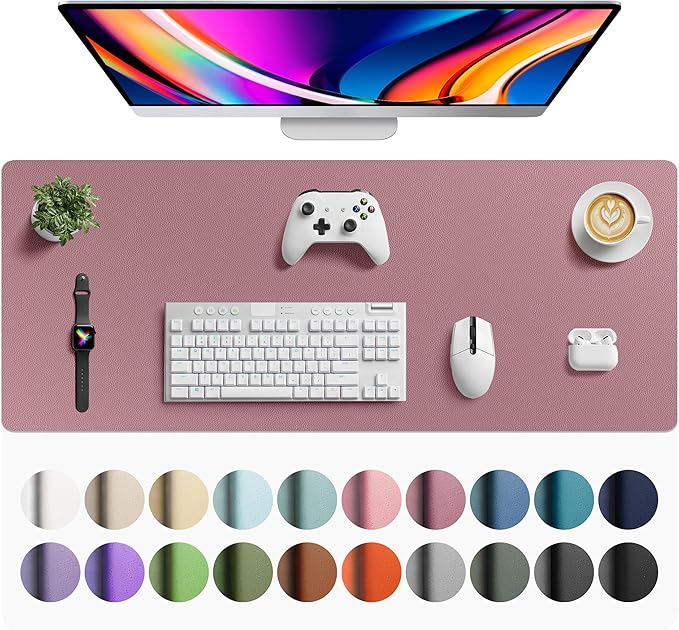 Aothia Faux Leather Desk Mat - Large Mouse Pad, Non-Slip PU Leather Blotter, Waterproof Writing Surface for Office and Home (Dark Pink, 42" x 17")