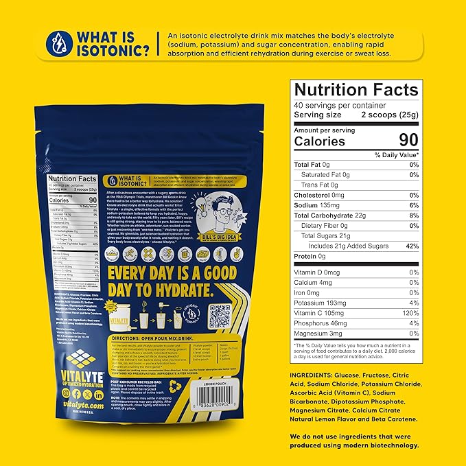 Vitalyte Electrolyte Powder Drink Mix, Isotonic Electrolyte Hydration Mix, Bulk Case Pack (12 Pack, Lemon)