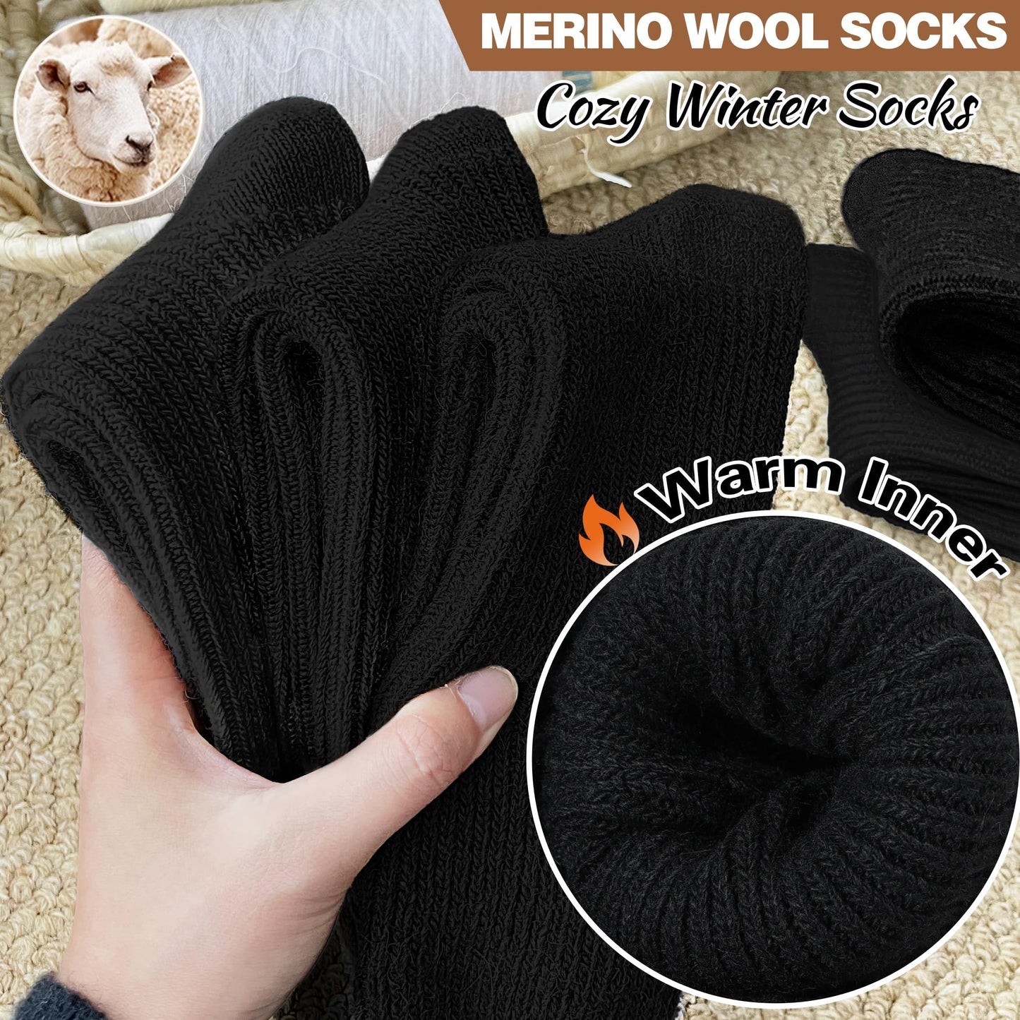 SAVALOS Women Black Merino Wool Slouchy Boot Socks Warm Winter Thermal Slouch Scrunch Cozy Knit Comfy Hiking Work Gifts Socks 5 Pairs Stocking Stuffers(Black,Medium)