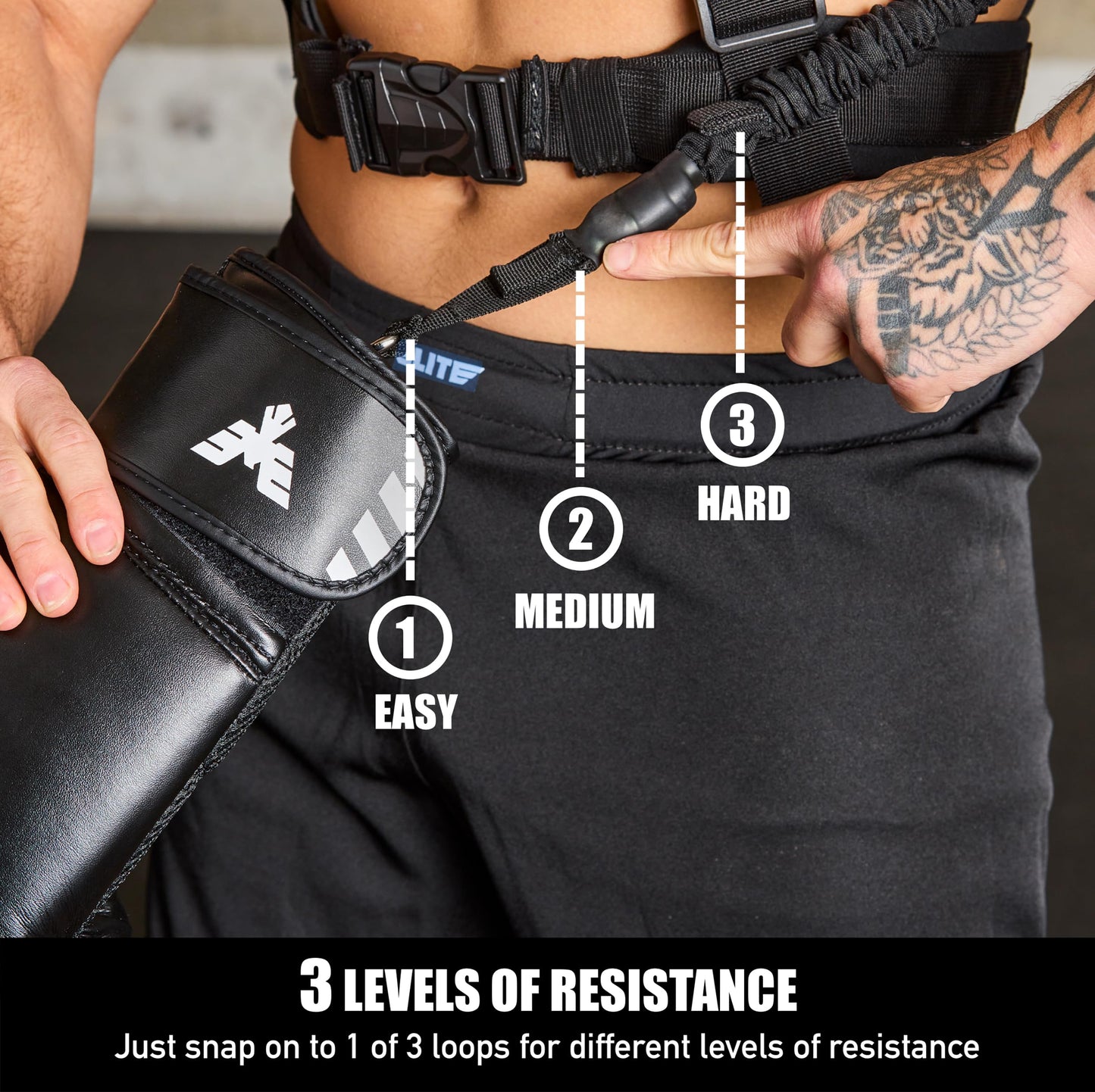 Elite Sports Adult Boxing Harness with 12oz Gloves – Adjustable Resistance Bands (3 Levels), Stability Strap, Padded Back & Shoulder, Ballistic Nylon, Quick-Release Buckle – Training & Workout Gear