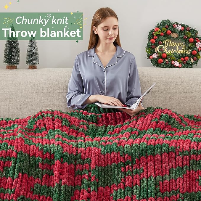 Negwoo Chunky Knit Throw Blanket, 50''*60'' Knitted Throw Chenille Yarn for Bed Couch, Handmade Stripe Crochet Big Thick Blanket, Machine Washable Cute Comfy Blanket for Home Decor