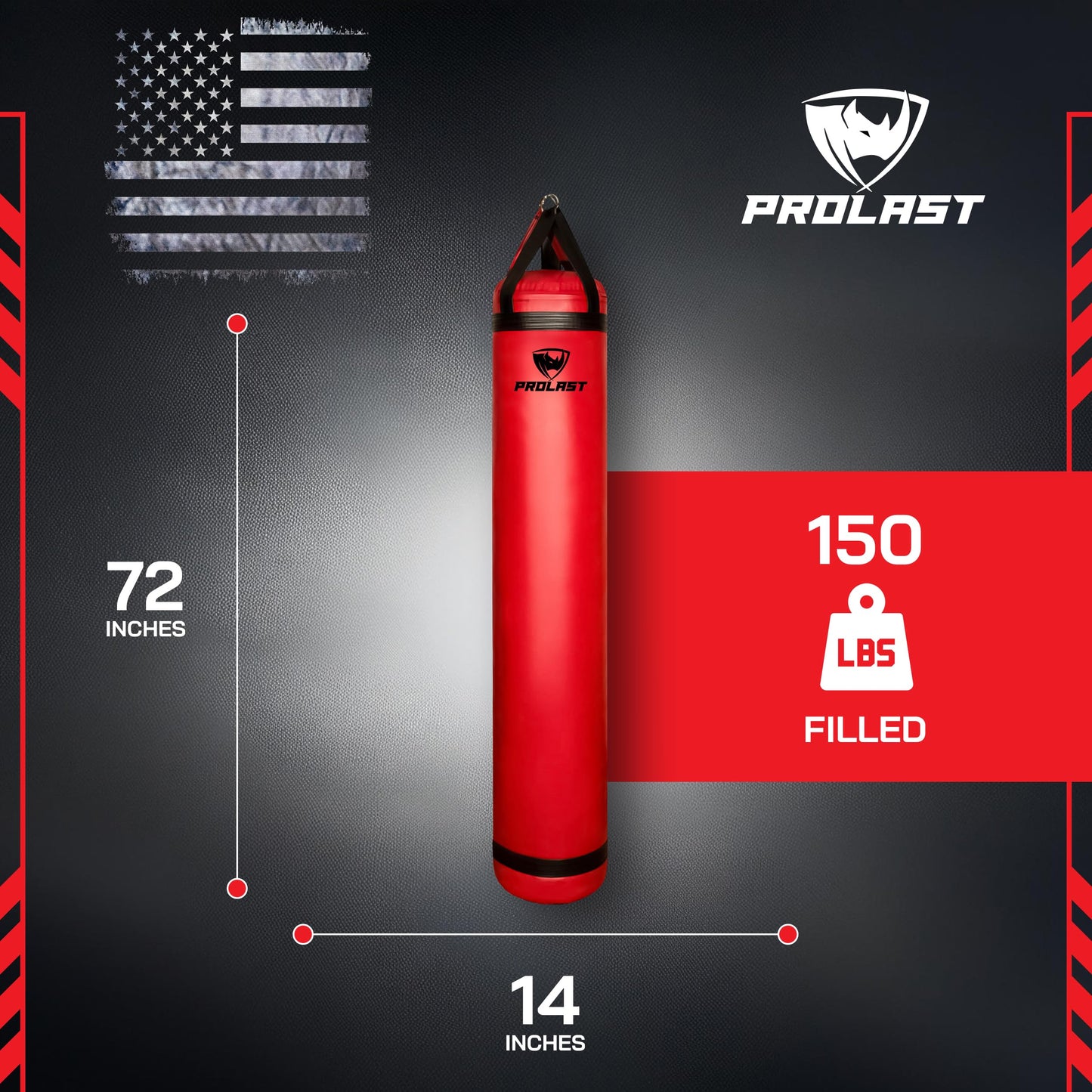 PROLAST Heavy Punching Kicking Bag for Adults, Boxing, MMA, Martial Arts, Muay Thai, Strength Training Equipment, Filled, 6ft, 150 lbs, Rhino Logo, Red and Black