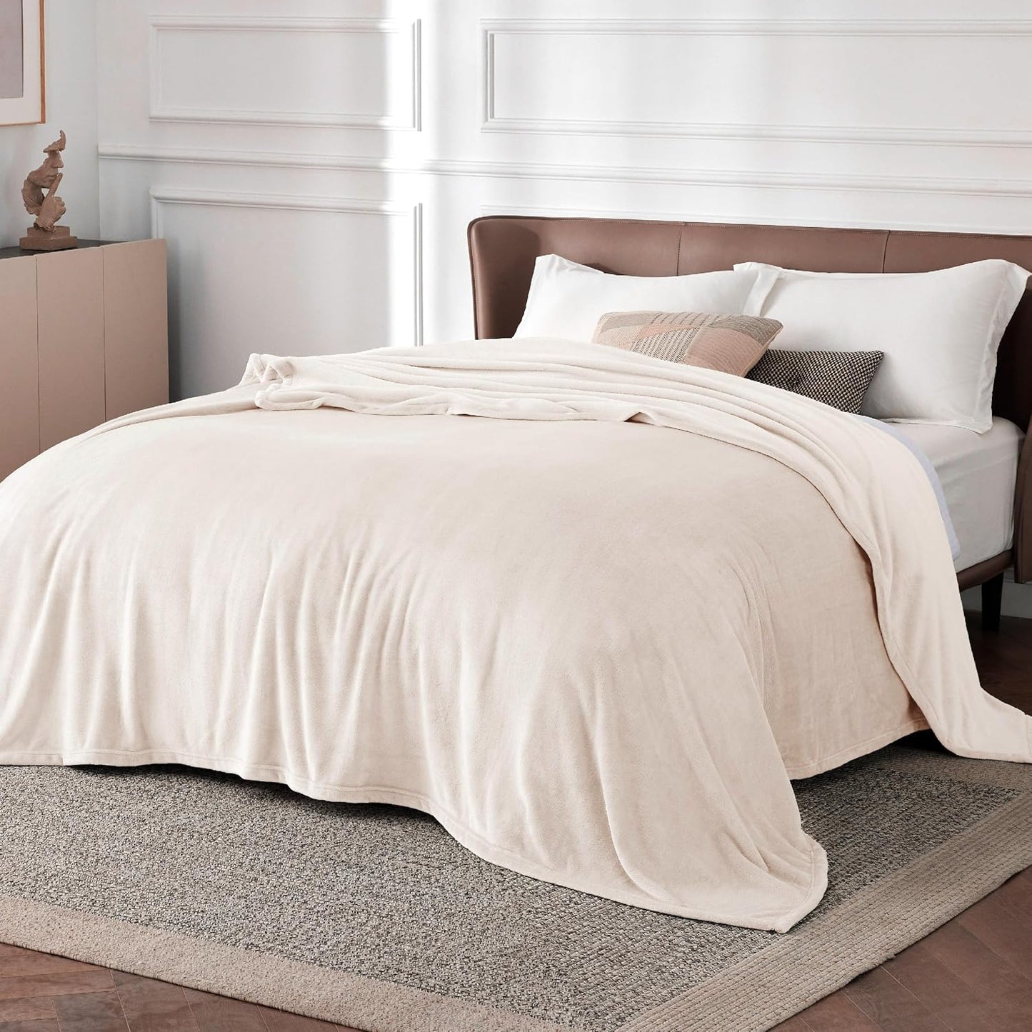 Bedsure GentleSoft Fleece Blanket - Soft, Lightweight Plush Queen Size Cream Blanket, 90x90 Inches