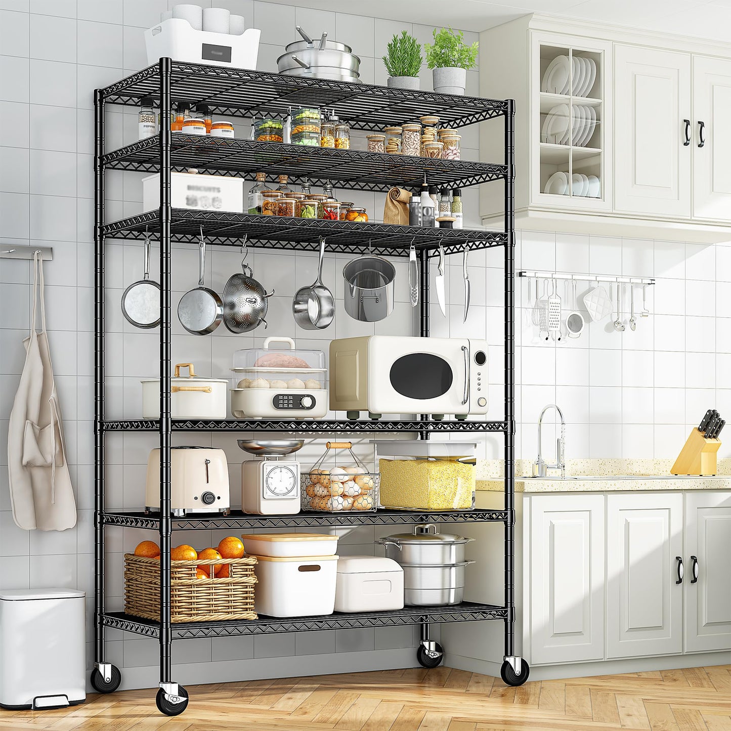 Romorgniz 6-Tier Rolling Storage Shelves, 82" H x 45" W x 18" D Adjustable Wire Shelving Unit with Locking Wheels, Heavy-Duty Metal Rack for Garage, Pantry, Kitchen, Basement – Black