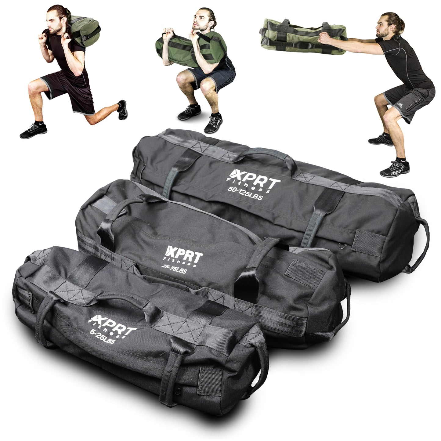 XPRT Fitness Workout Sandbag for Heavy Duty Workout Cross Training 7 Multi-positional Handles - Color Army Green/Black/Camo (Black Set of 3, Small+Medium+Large)