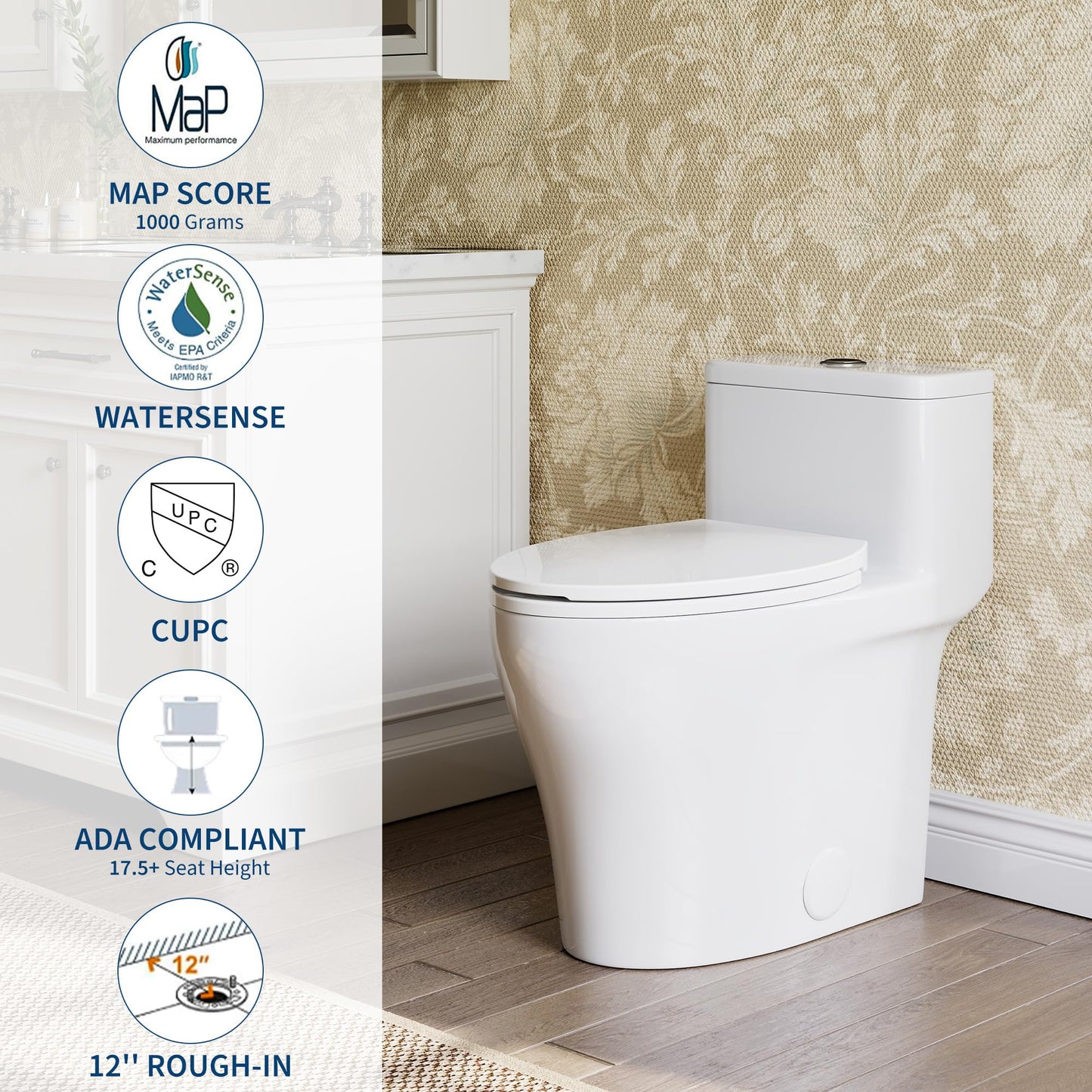 One-Piece Toilets, Low Water Tank, ADA 17.5" Seat Height, Water-Saving Design, Compact Modern Bathroom Toilet