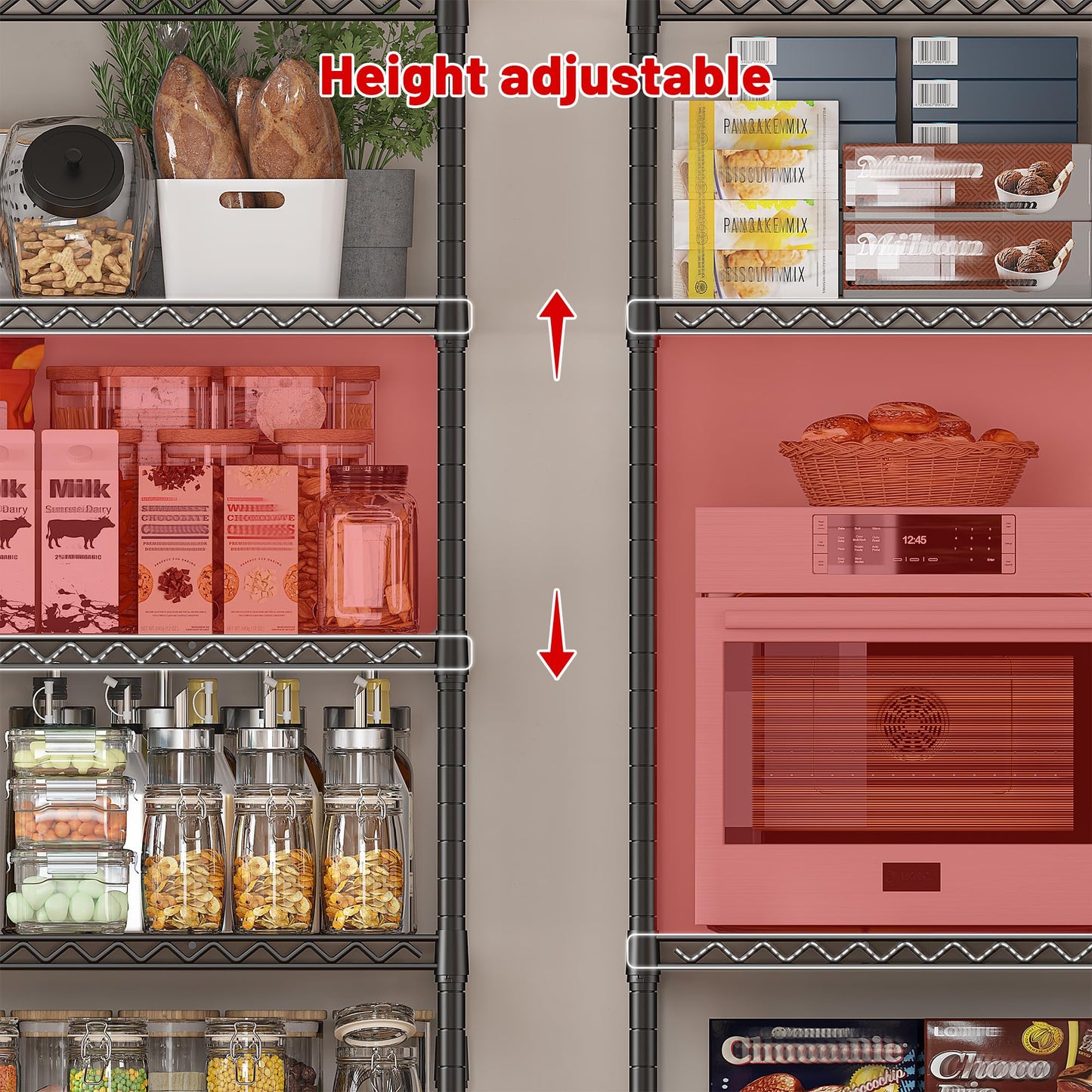 REIBII 45.5''W Storage Shelves Wire Shelving, 5 Tier Pantry Shelves for Storage Rack, Adjustable Metal Shelving for Pantry Kitchen Steel Shelving, 45.5" W x 71" H x 17.7" D