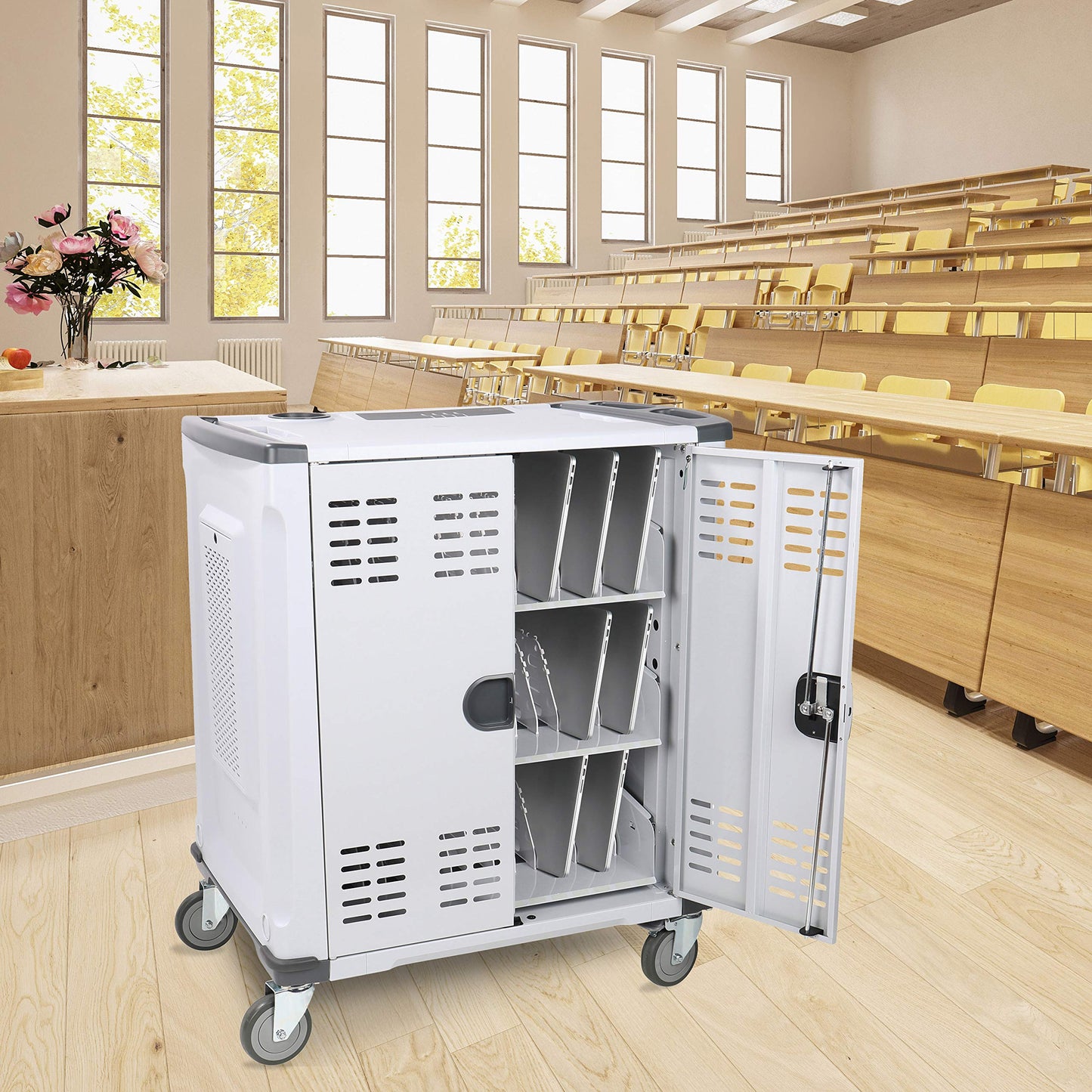 Pearington - MN142VS Premium Fully Assembled Heavy-Duty Smart Charge 42 Device Mobile Storage Cart w/3 External Outlets, 4 Point High Security, Up to 15.6" Screen Size, 3 Pull-Out Shelves