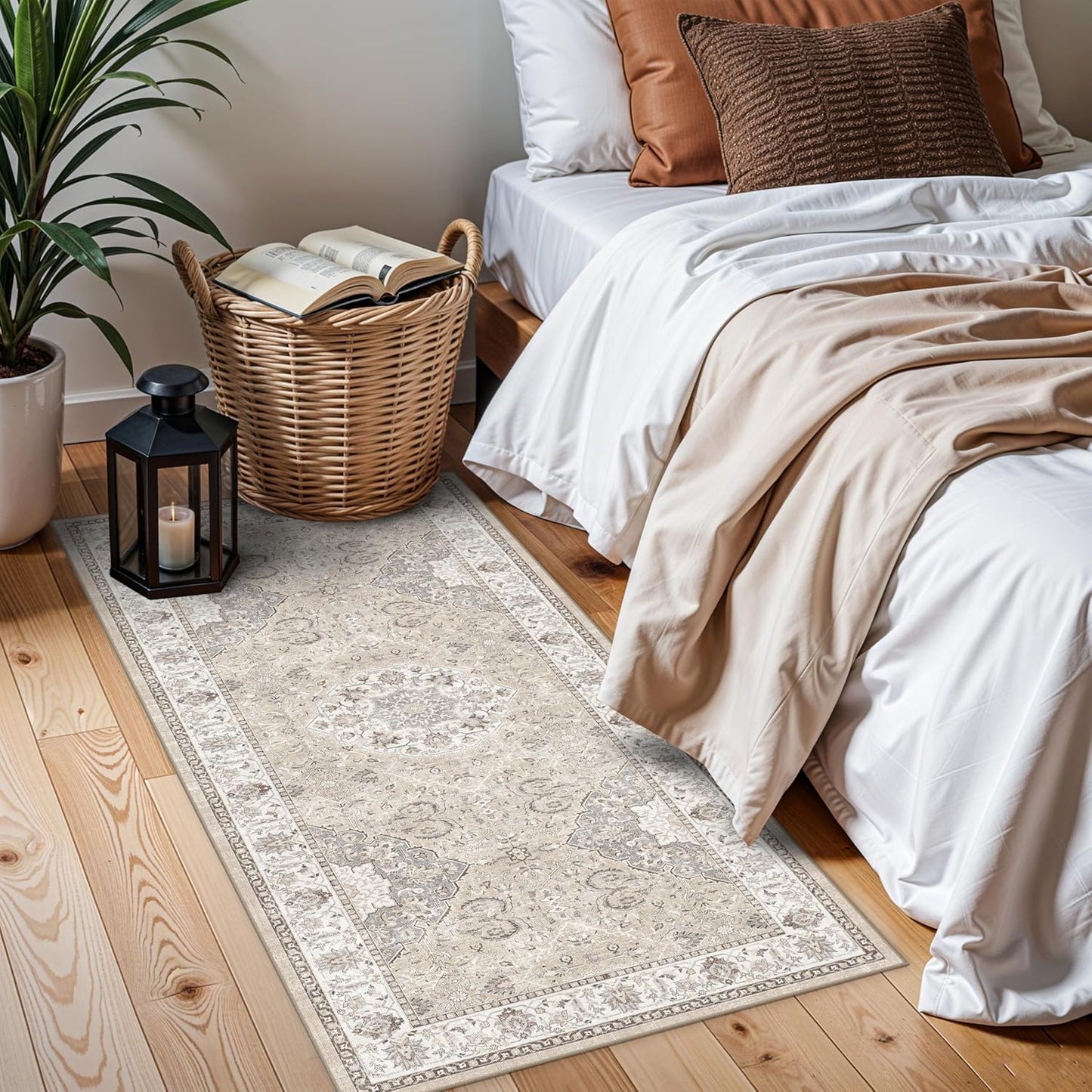 Skiennix Washable 2x4 Entryway Area Rug - Vintage Water-Resistant, Non-Slip, Ultra Soft Beige Mat