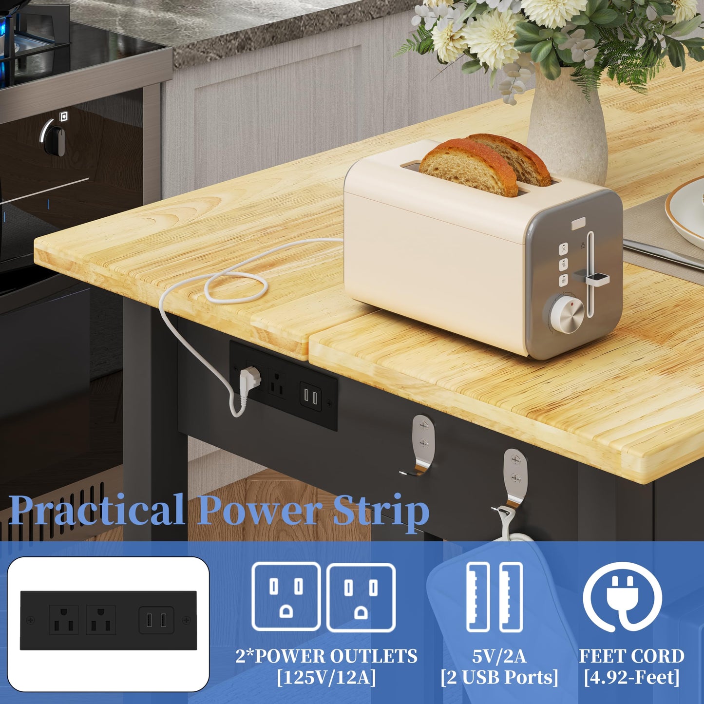 DynJest 47.3" Solid Rubberwood Kitchen Island with Power Outlets - Extra Large Work Surface, 2 Drawers & Open Shelves Storage Cabinet for Kitchen Dining Room, Farmhouse Style (Black)