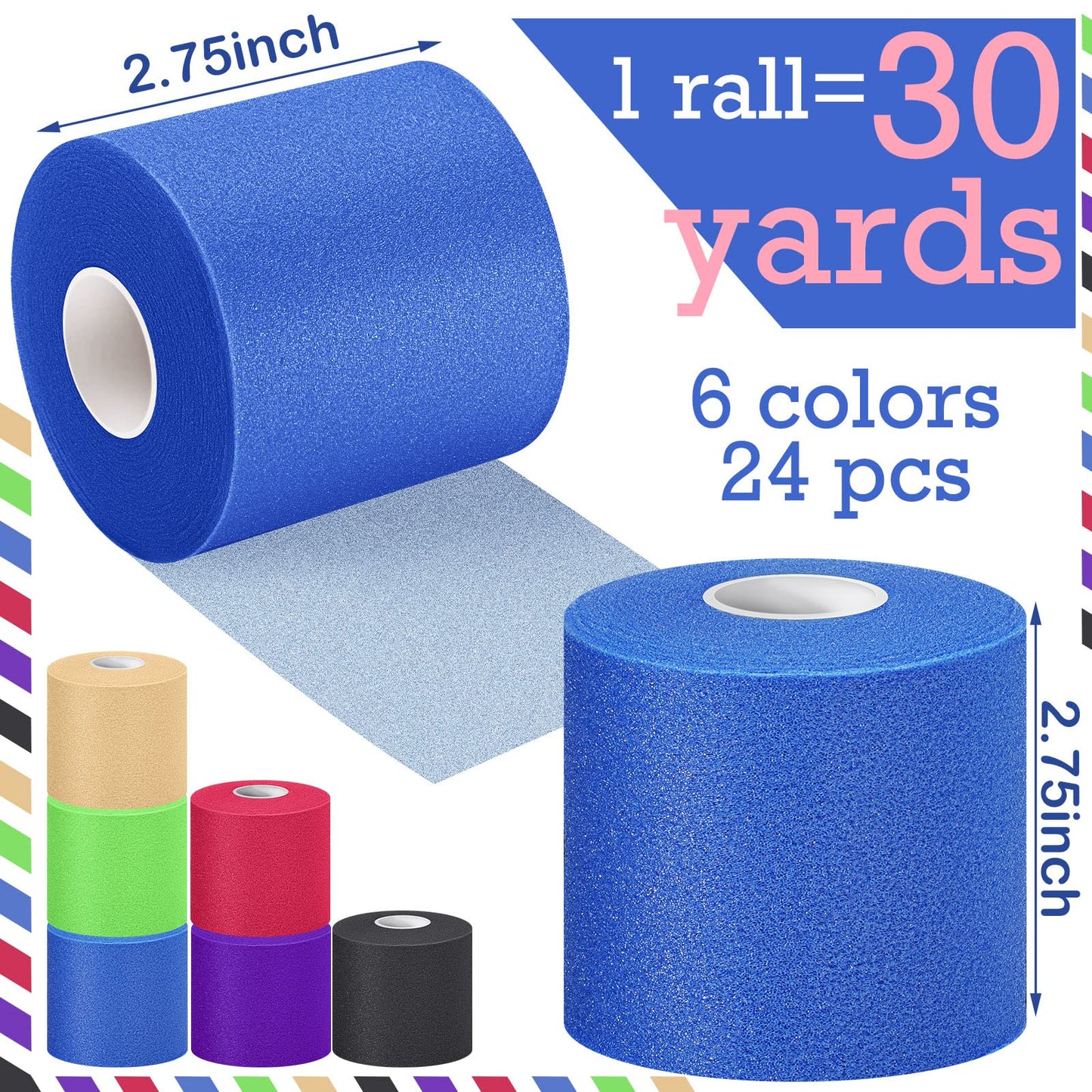 Nuanchu 24 Pieces Wrap Athletic Tape 2.75 Inches x 30 Yards Athletic Foam Underwrap Tape for Hair Soccer Sport Pre Wrap Ankles Wrists Hands and Knees(Black, White, Beige, Rose Red, Lime Green, Blue)