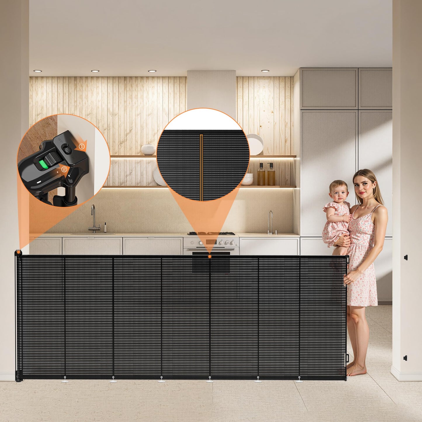 Mutak Retractable Baby Gate for Stairs, 42" Tall X 200" Wide Mesh Dog Gate Indoor, Child Gate for Doorways, Hallways, Deck, Indoor Outdoor Pet Baby Safety Essentials for Home, Black