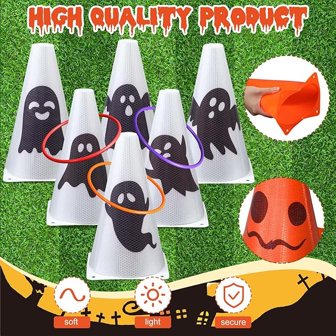 Leitee 6 Sets Candy Corn Ring Toss Game Plastic Cones Ring Toss Combo Set Mini Traffic Cones Toss Game for Sports Training Garden Backyard Outdoor Activities