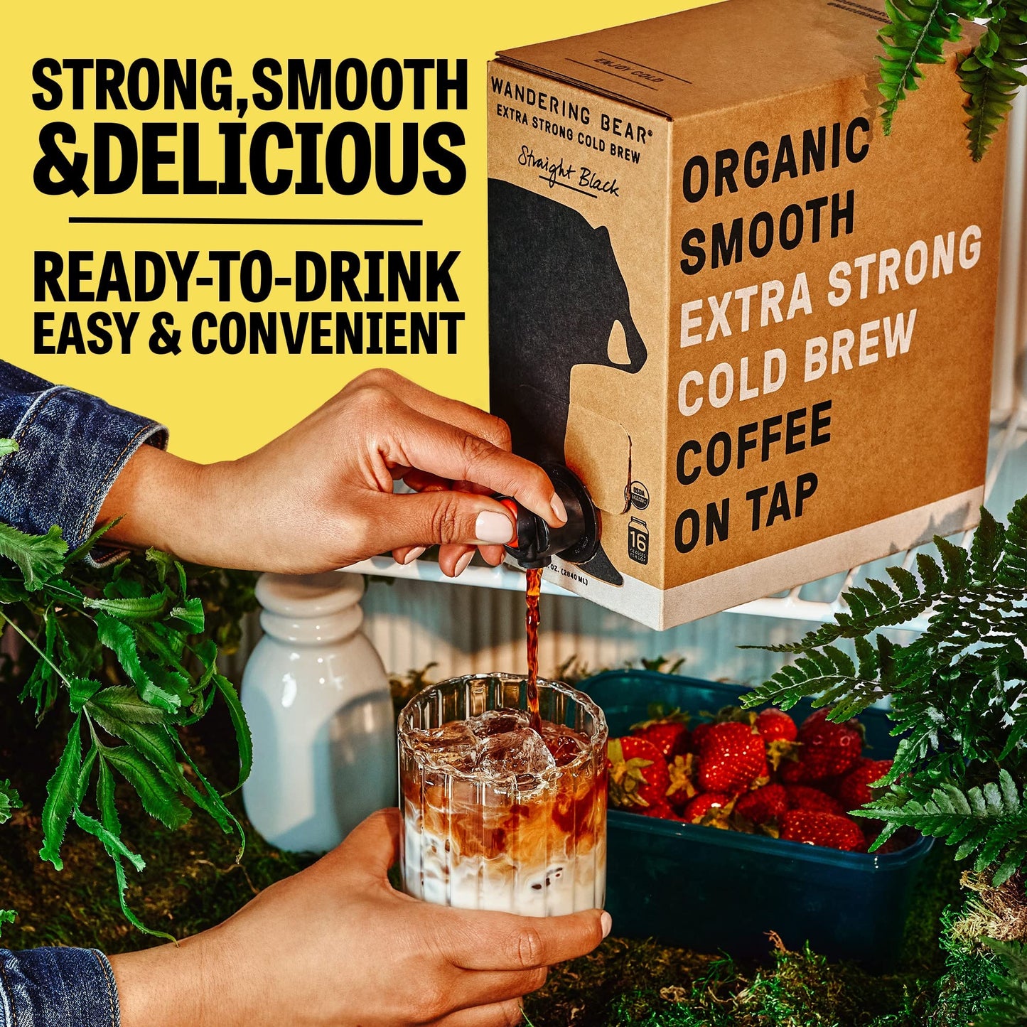Wandering Bear Straight Black Organic Cold Brew Coffee On Tap, Iced Coffee Drink - Extra Strong, Bold, Smooth, No Sugar Added, Shelf-Stable, Ready to Drink & Vegan, 100% Organic - 128 fl oz (1 gallon)