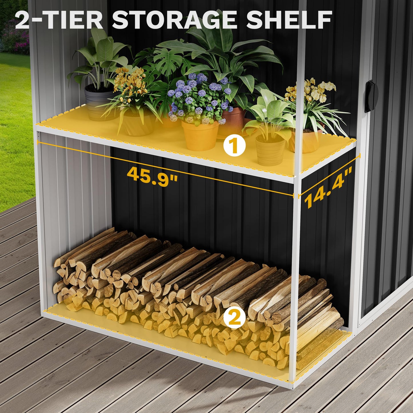 DWVO 8 x 4 ft Outdoor Storage Shed with 2-Tier Shelf, Metal Tool Shed & Garden Storage Cabinet for Backyard, Patio, Equipment & Bike, Dark Gray