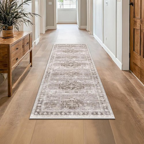 Boho 2x8 Long Runner Rug - Non-Slip Vintage Floral Design for Kitchen & Hallway | Washable Beige Latte