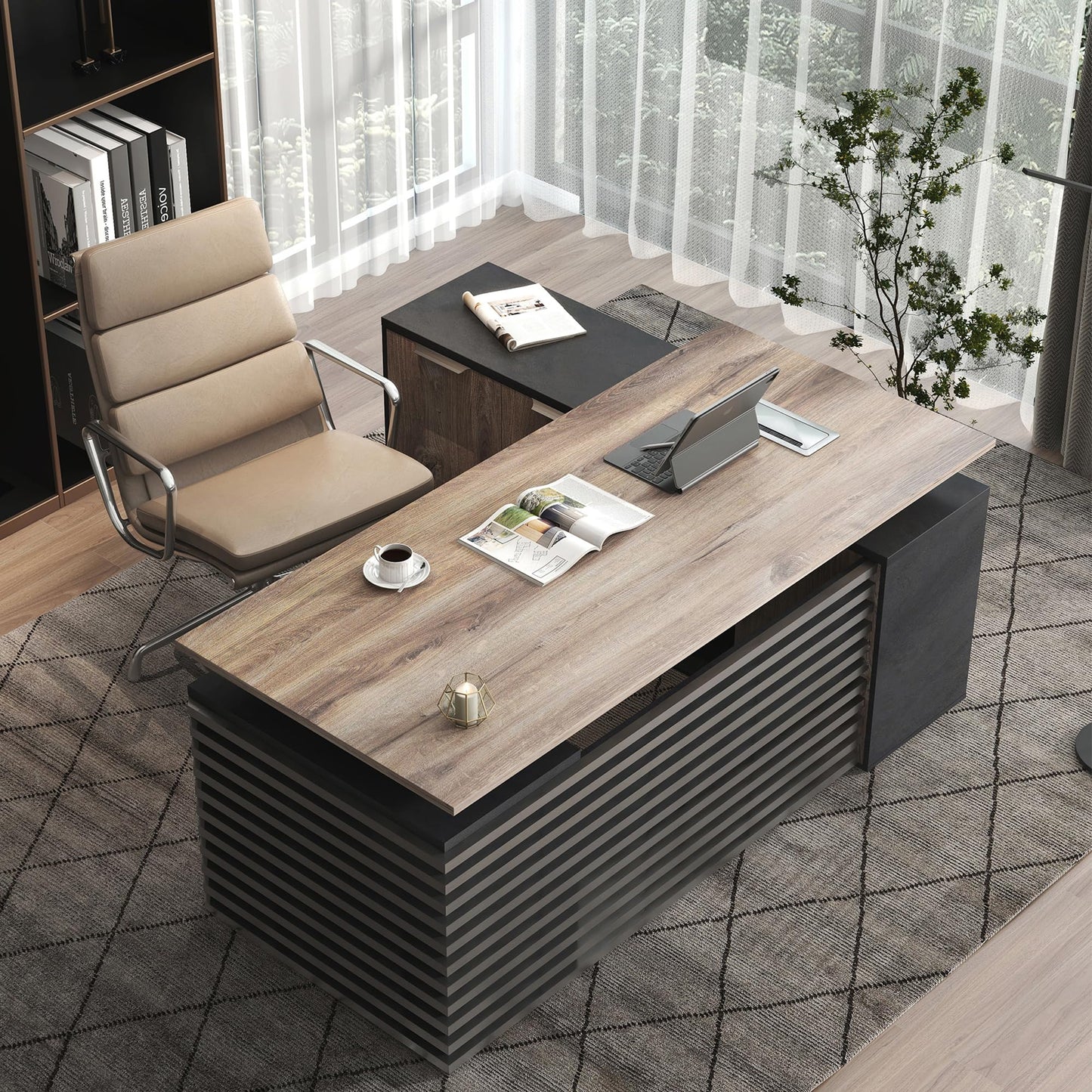 SAINTCY 70.87In L Shaped Executive Standing Desk with Drawers, Large Modern Adjustable Heigh Home Office Desk w/File Cabinet, AC/USB, Business Workstation, Black and Warm Oak