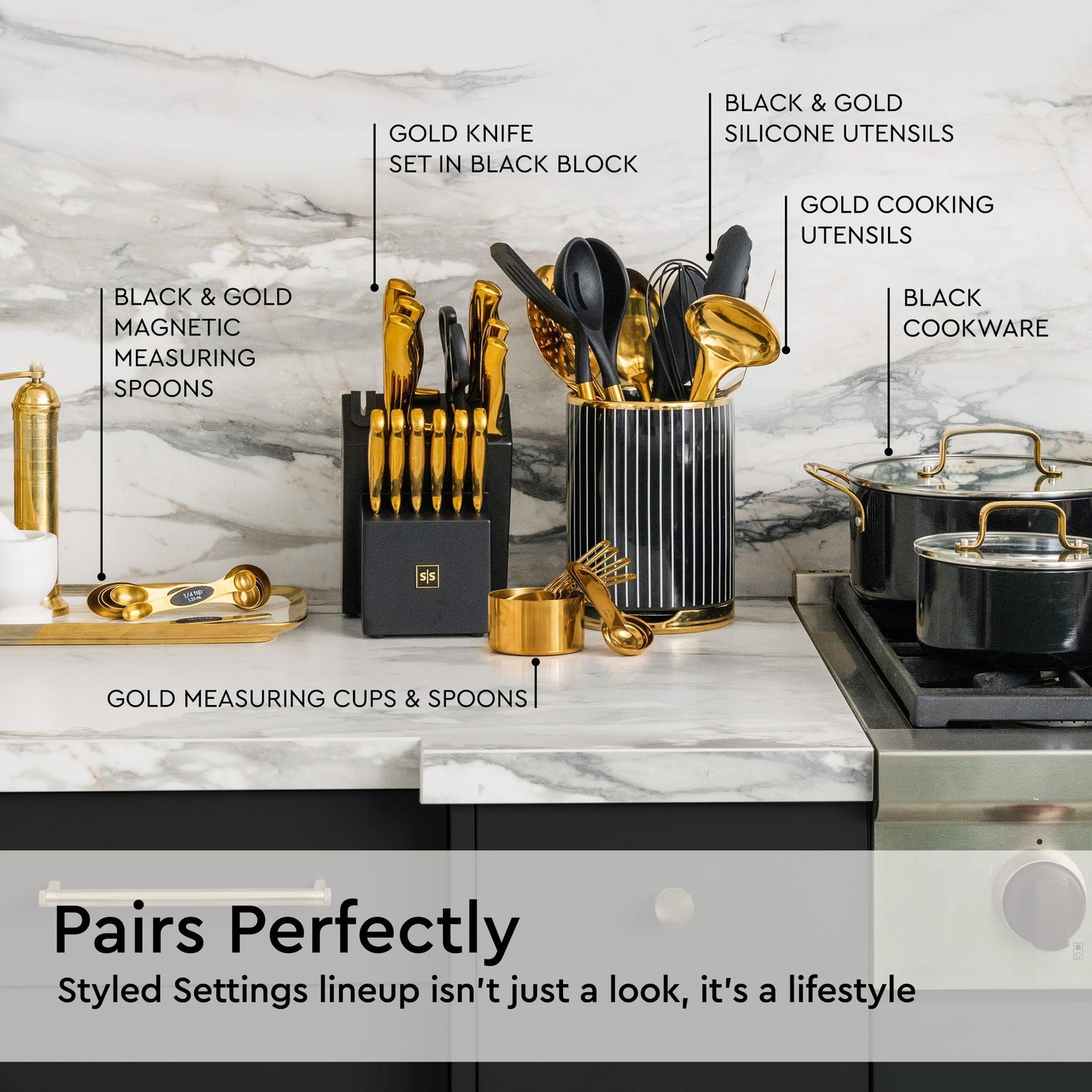 Black and Gold Kitchen Utensils Set - 19-PC Set Includes Stainless Steel and Silicone Cooking Utensils, Measuring Cups and Spoons - Black and Gold Kitchen Accessories for Stylish Cooking & Serving
