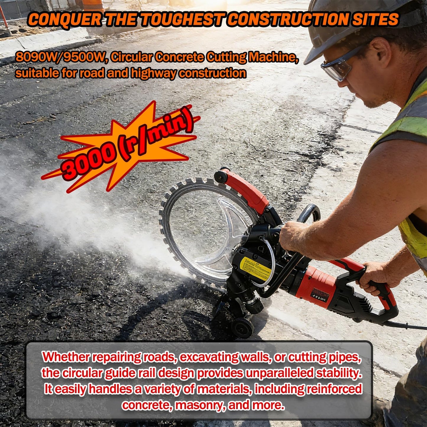 16" Concrete Ring Saw, 9500W Toroidal Electric Concrete Saw Cutting Machine, Wet Cutting System, Max Cutting Depth 11.8" Electric Ring Cutter For Brick, Concrete, Marble And Rebar(9500W)