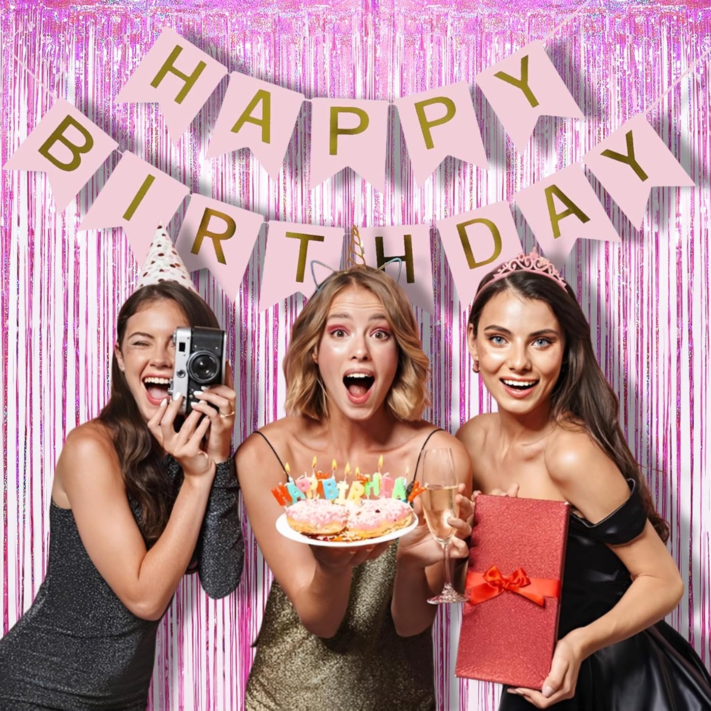 Pink Tinsel Fringe Backdrop by [Brand Name] - Sparkly Foil Curtains for Birthdays & Parties | 2 Pack, 3.3×8.2ft
