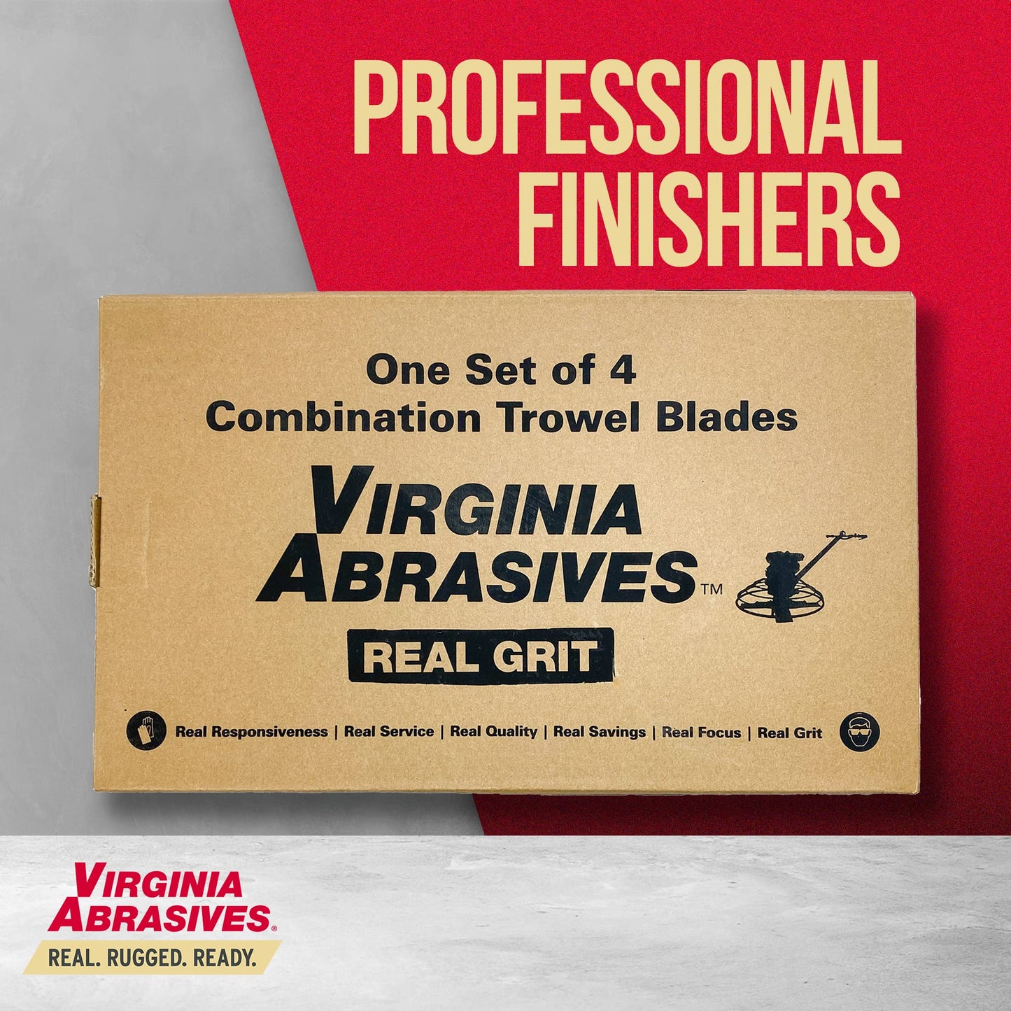 Virginia Abrasives 423-CB0818 - Professional Power Trowel Blades for Concrete/Masonry Refinishing, 8" x 18" Fits 46" Machines | Stainless Steel Combination Trowel Blades Set of 4