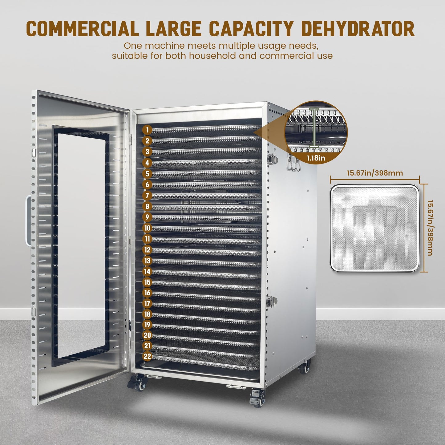Cercker Commercial Food-Dehydrator Machine 22 Trays,Twin 110V Plugs Industrial-Dehydrator Commercial Meat Dryer 2500W Extra Large Capacity 37.5ft² Beef Jerky Maker, Food-Dryer Machine for Fruit