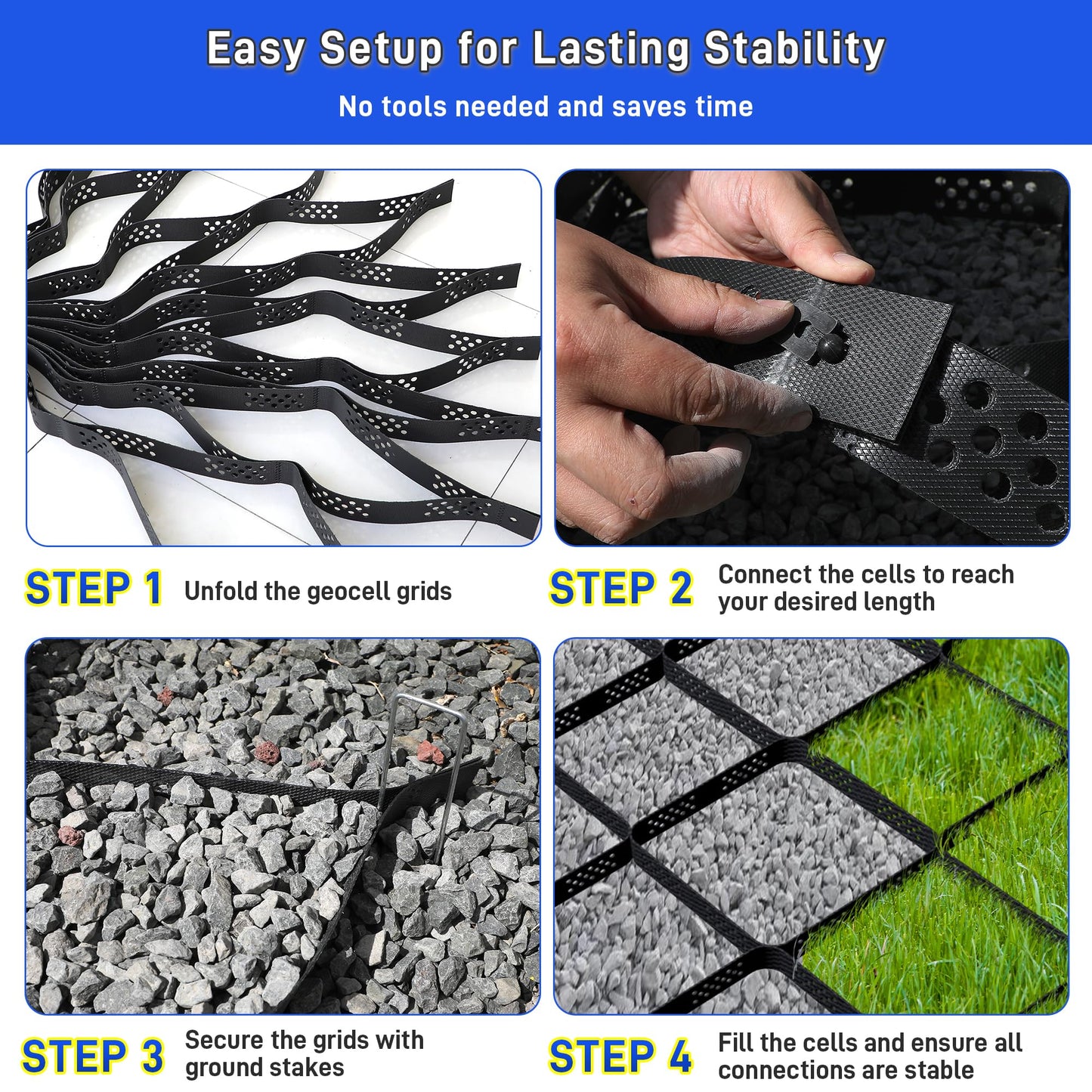 2" Depth Ground Grid, 49.5x6.5 FT Geo Gravel Grid Driveway 1885 lbs per Sq Ft Load, Geogrid Ground Stabilization System with Connection Buckles and Stakes for Driveways Walkway Slope Pathway & Garden