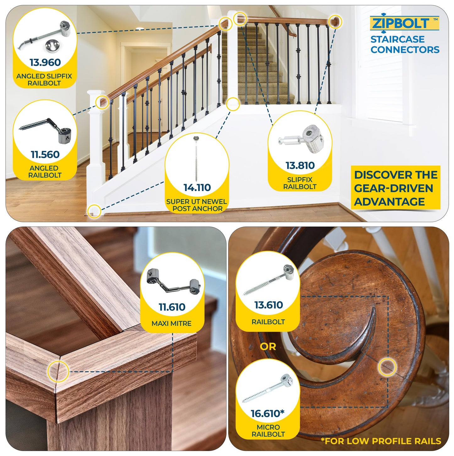 Zipbolt 14.110 Super UT Newel Post Fastener — Quick and Easy Wrench-Free Installation of Staircase Newel Posts, Anchors Post Directly to Wood or Concrete Floor