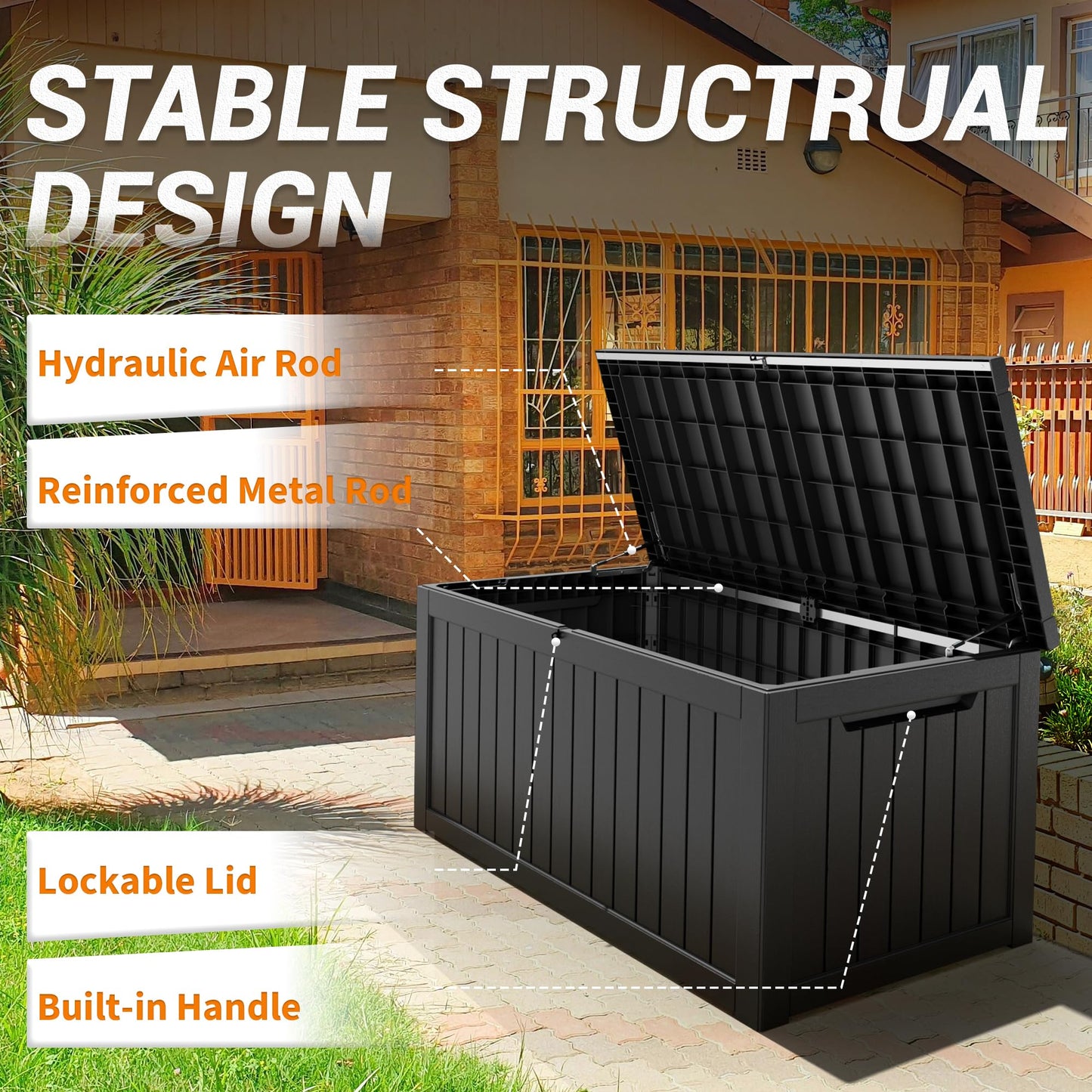 WTFGO 150 Gallon Outdoor Storage Box, Resin Deck Boxes Outdoor Waterproof For Patio Furniture, Garden Tools, Pool Supplies, Lockable And UV Resistant (Striped Black)