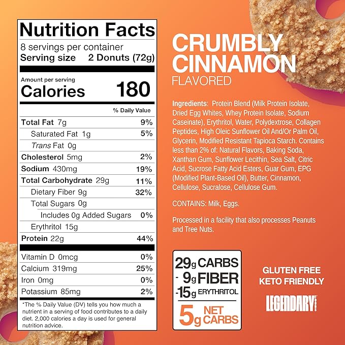 Legendary Foods 22gr Protein Donuts - Crumbly Cinnamon 8x (2 Donuts per Pack), High Protein, Zero Sugar, Gluten Free, Low Carb, Keto Friendly Snack, Healthy Donut for GLP-1, Diabetic, Bariatric Diets