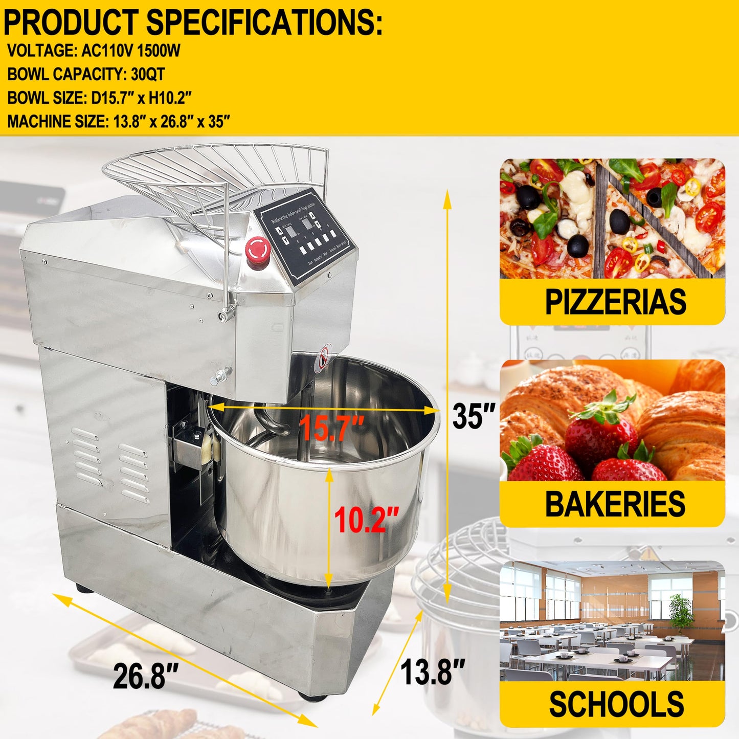 LGXEnzhuo 30L Commercial Dough Mixer with Dual Rotation and Dual Speed, 110V 1500W Electric Dough Kneading Machine - Time Set, Stainless Steel, Emergency Stop, for Pizze and Bread