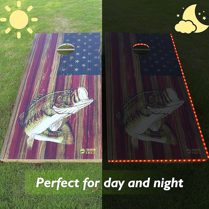 LED Cornhole Board Set 4FTx2FT Solid Wood Regulation Size Cornhole Set with LED Lights Includes 8 Cornhole Bags for Adults (USA Flag & Fish, 4'x2')
