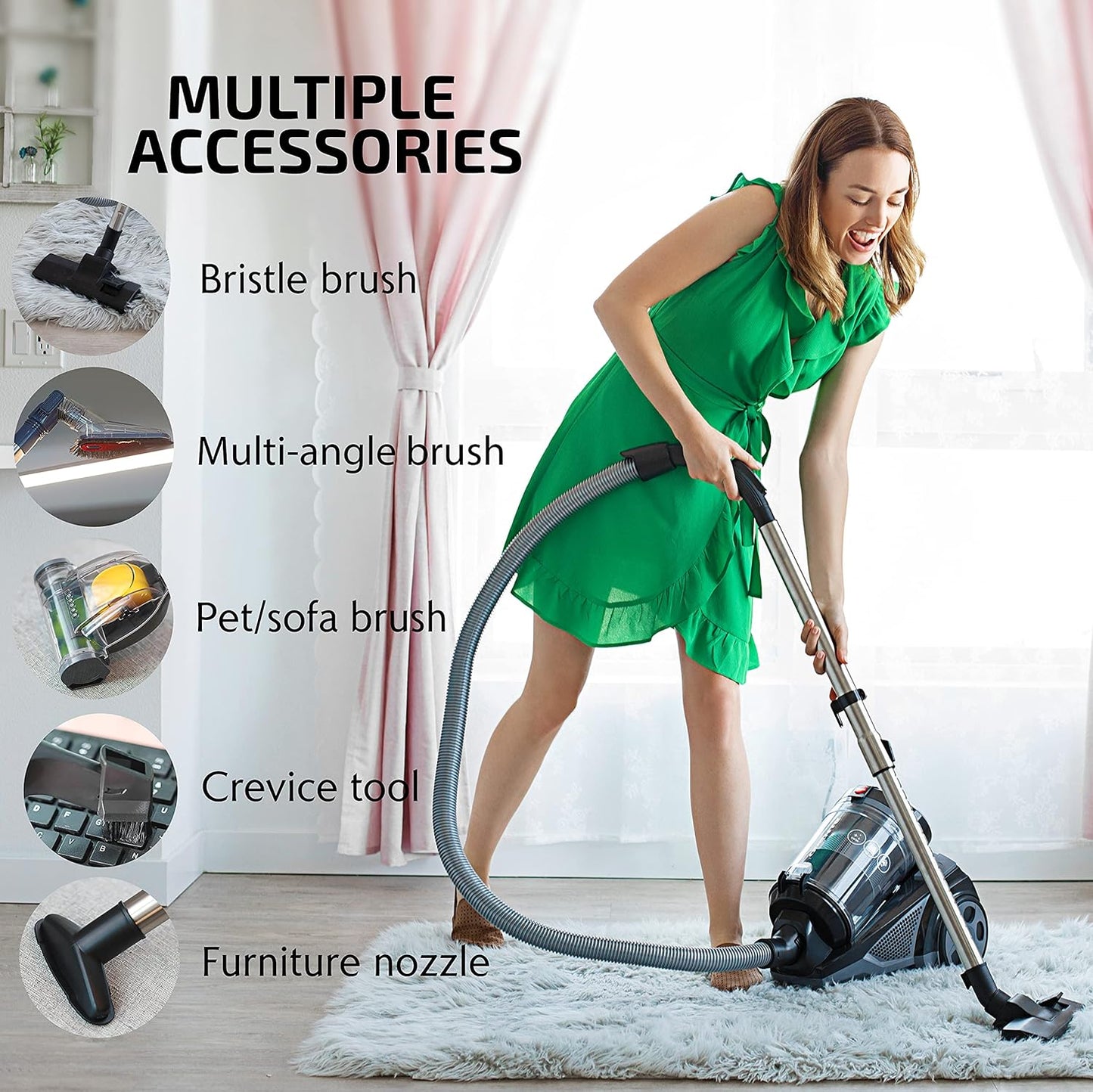 OVENTE Bagless Canister Vacuum Cleaner - 1400W Powerful Suction, 3L Dust Cup, Lightweight, Black